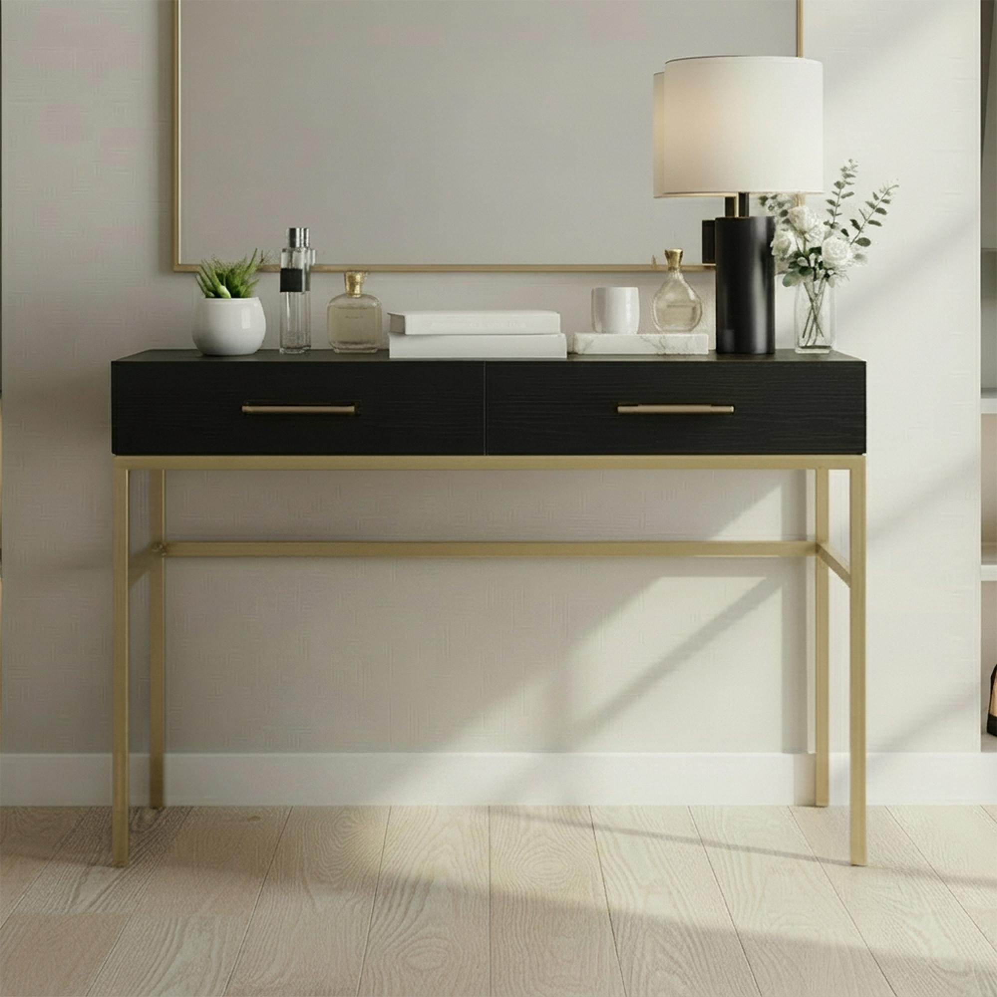 Tulip Dressing Table - 2 Drawer - Wenge Black and Gold - Wood and Metal