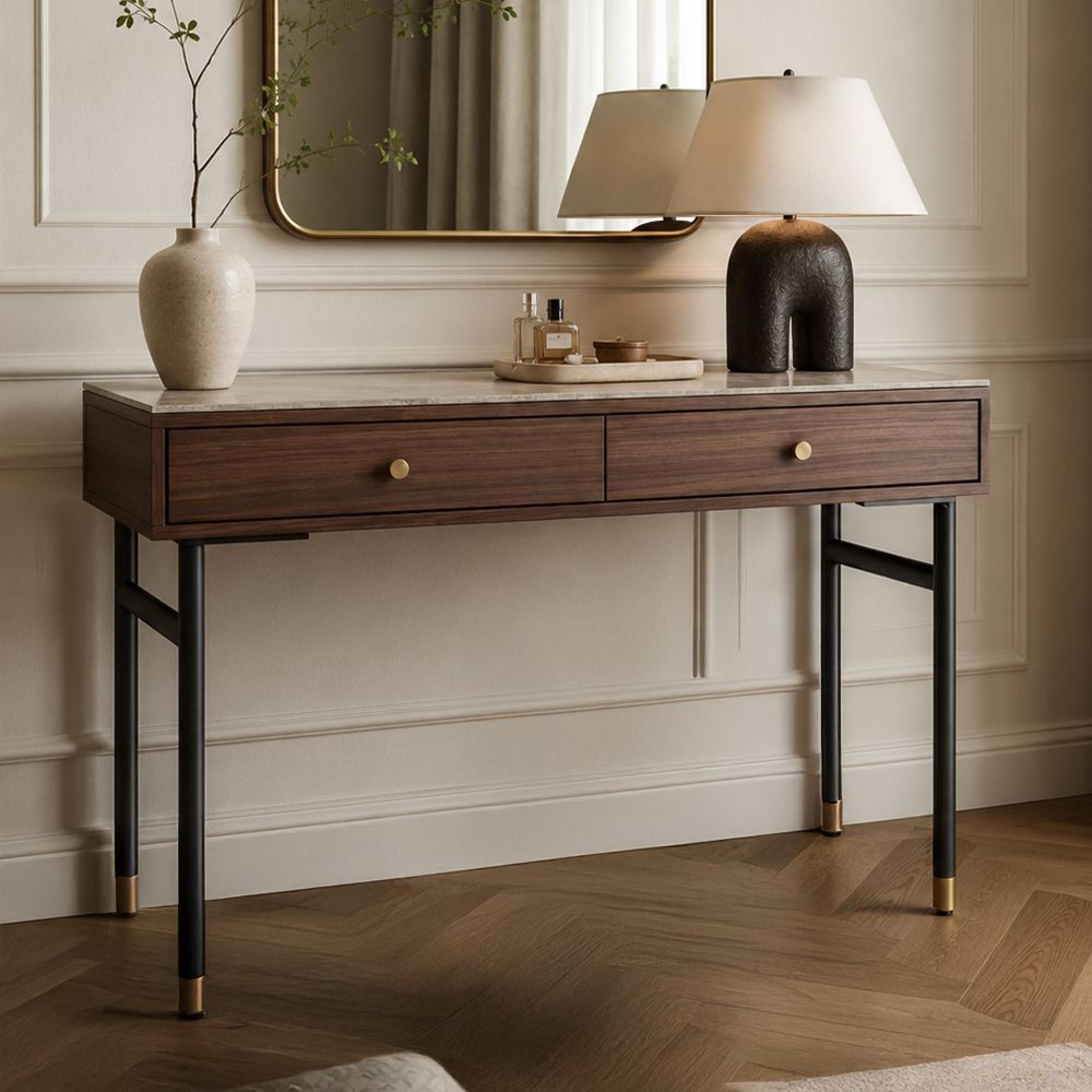 Willow Dressing Table - 2 Drawer - Tobacco Walnut and Beige - Wood and Marble Effect