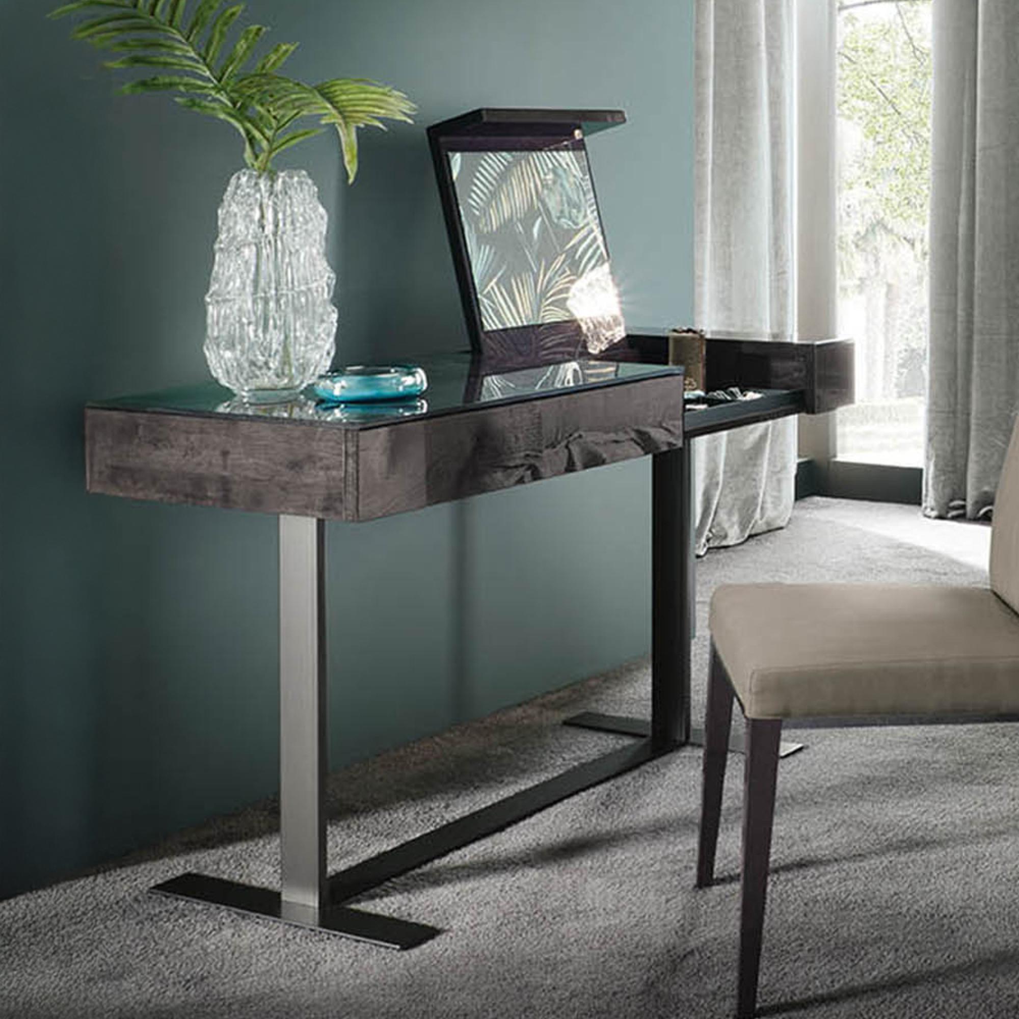 Heritage Dressing Table - 1 Drawer - with Lift Up Mirror - Dark Velvet Birch High Gloss and Black