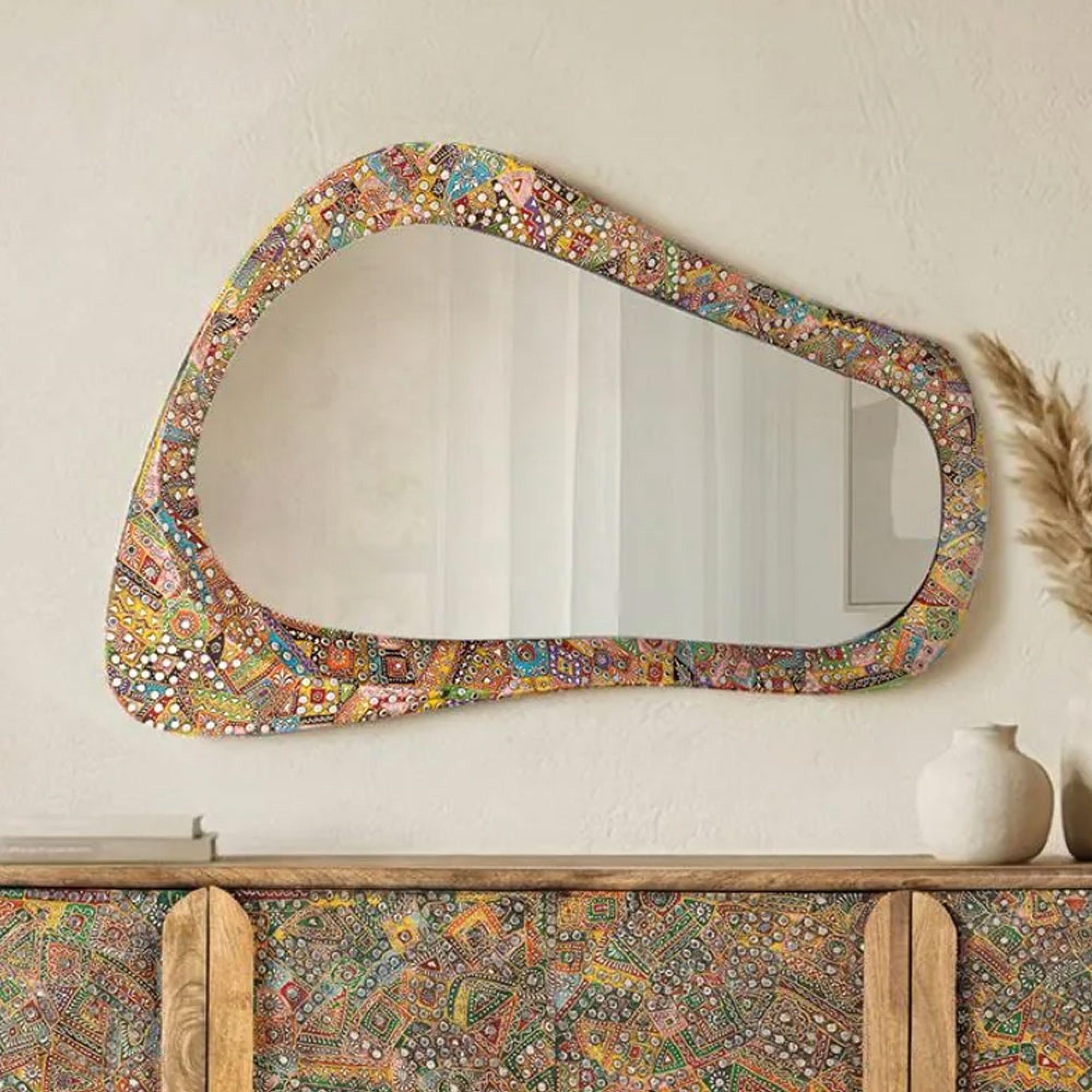 Mosaic Natural Handcrafted Mango Wood Abstract Wall Mirror - 120cm x 68cm