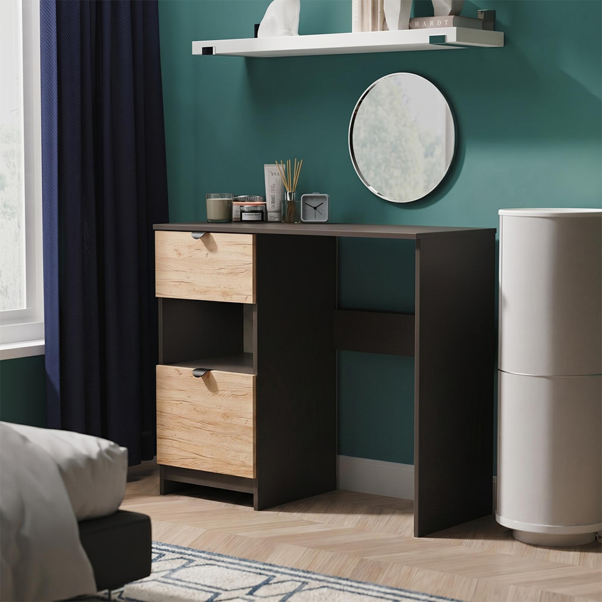 Bora Dressing Table - 2 Drawer - Open Shelf - Single - Gold Craft Oak and Graphite
