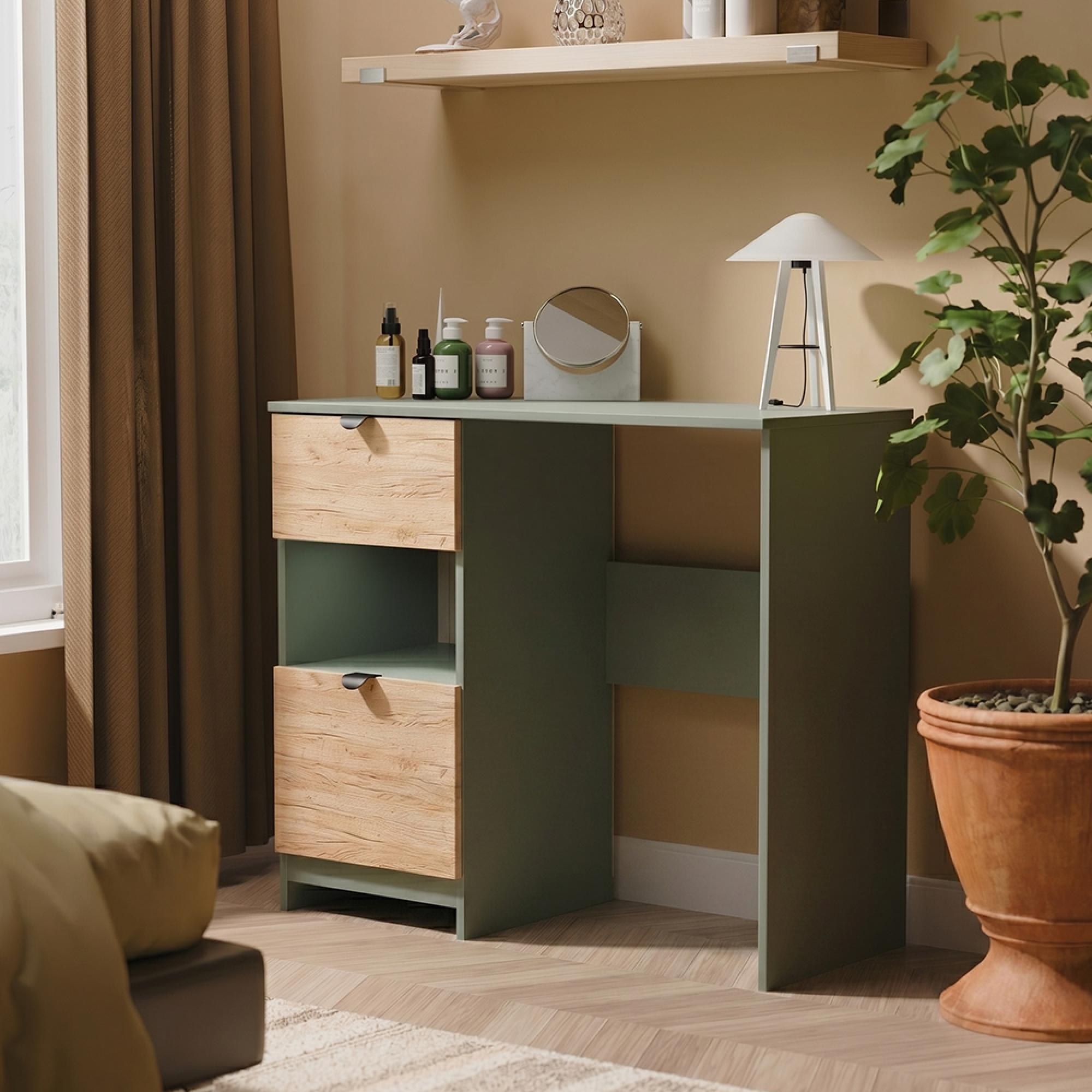 Bora Dressing Table - 2 Drawer - Open Shelf - Single - Gold Craft Oak and Reed Green