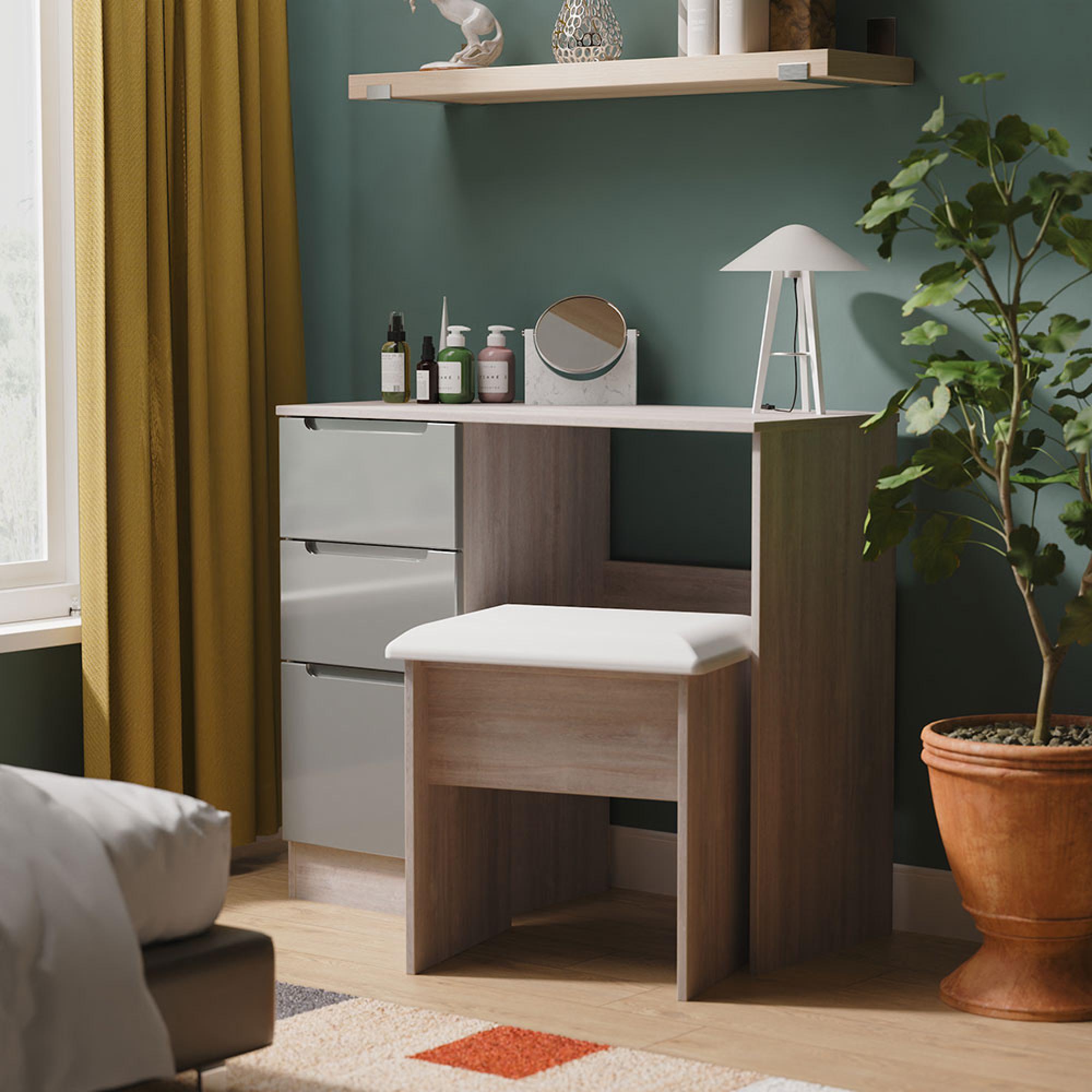 Milan Dressing Table - Single - 3 Drawer - Grey Gloss and Grey Oak