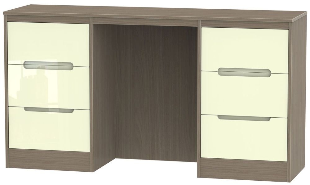 Monaco Dressing Table - Double - 6 Drawer - Cream Gloss and Toronto Walnut