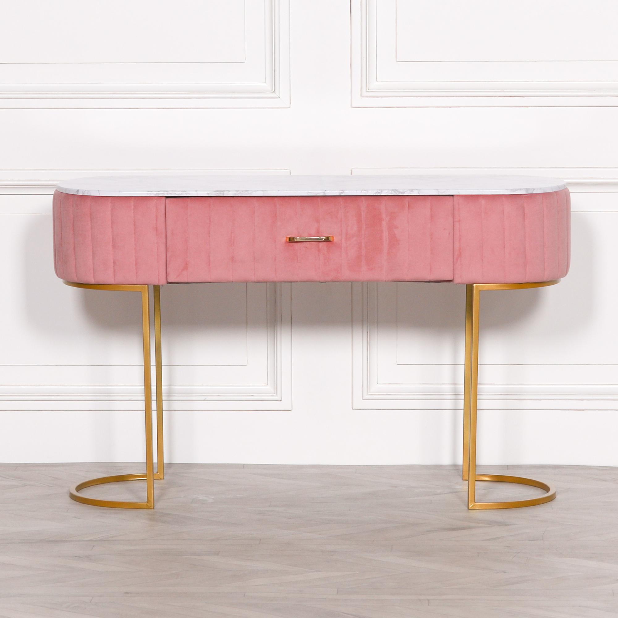 Upholstered Dressing Table - Pink Velvet - Curved - 1 Drawer