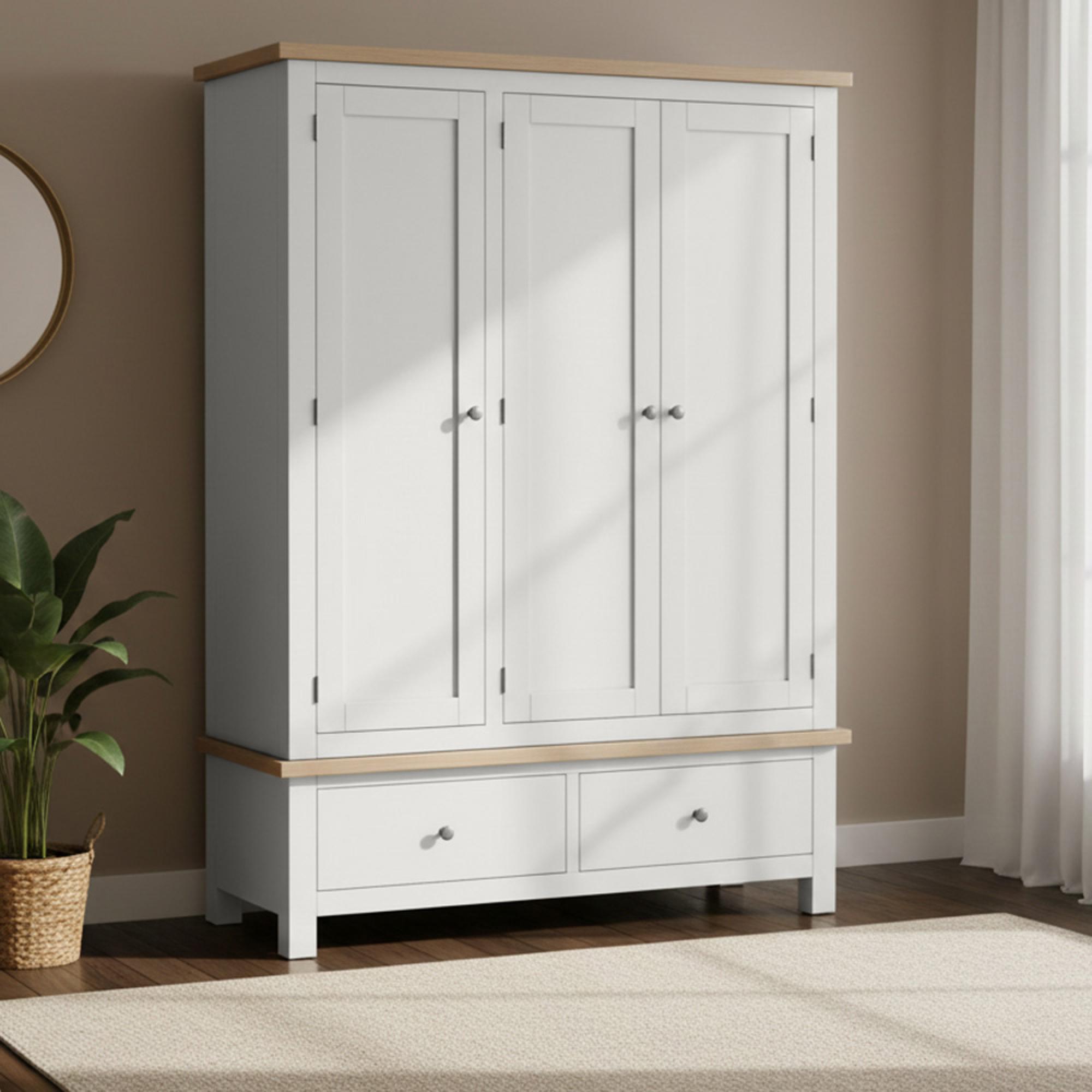 Modern Wardrobe - 3 Door - 2 Drawer - Grey Painted