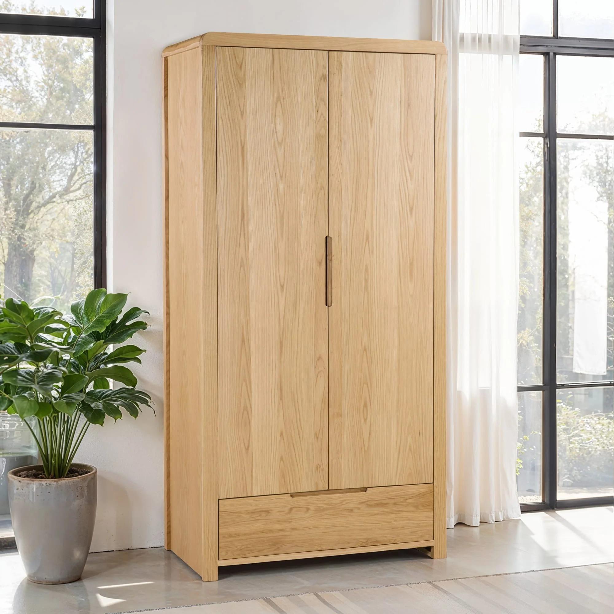 Curve Double Wardrobe - 2 Door - 1 Drawer - Oak