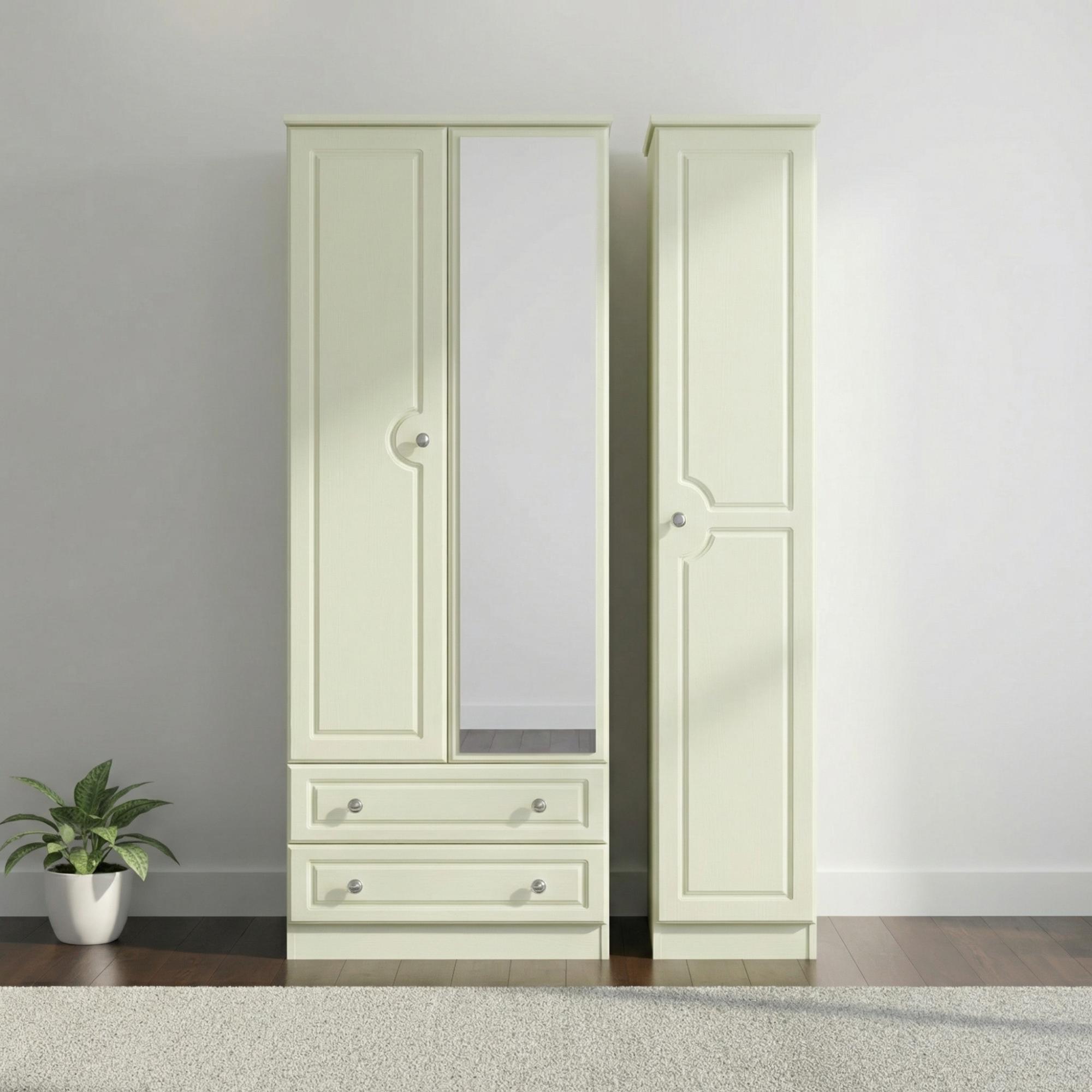 Pembroke Wardrobe - 3 Door - 1 Mirror - LHF 2 Drawers - Tall - Combi - Cream