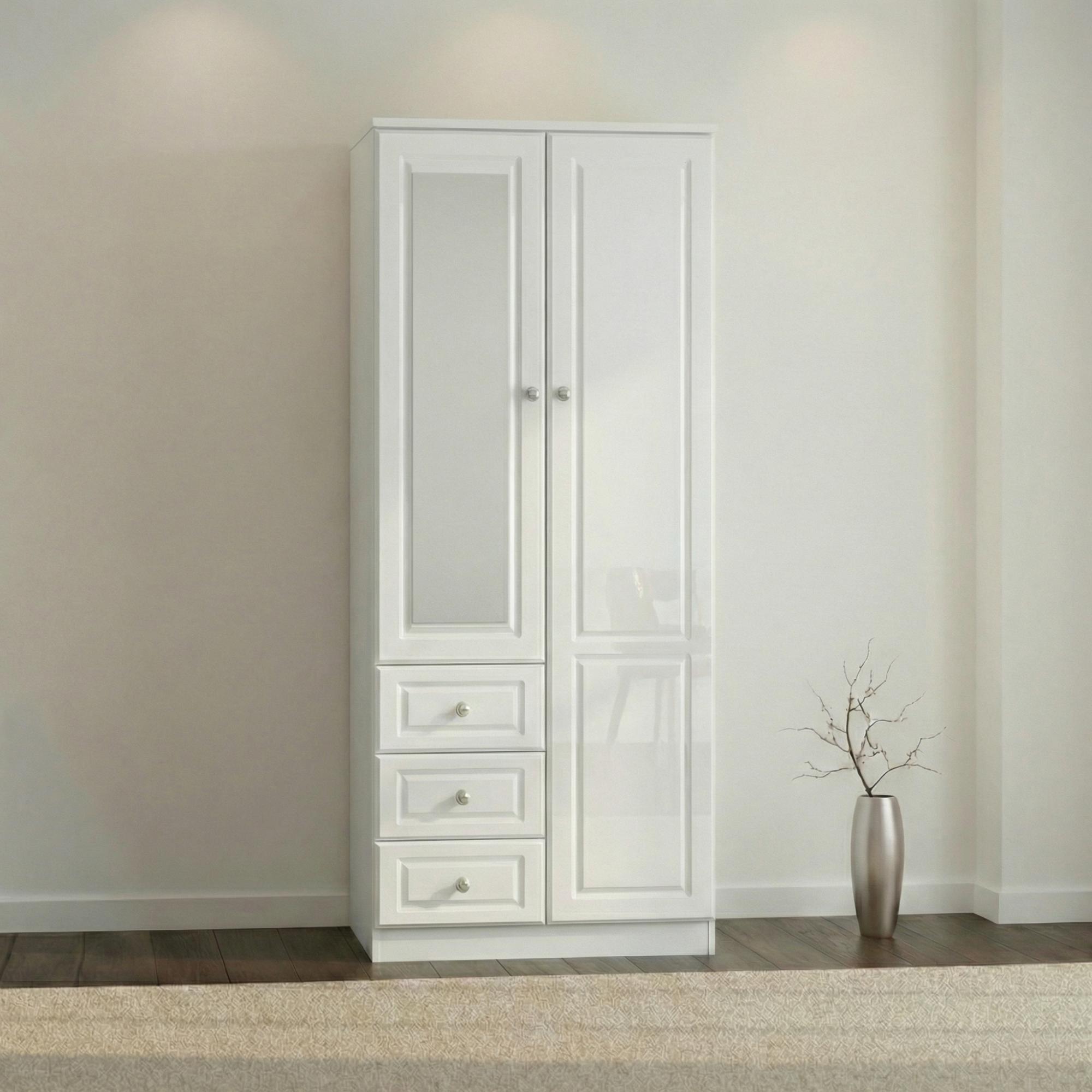 Pembroke Wardrobe - 2 Door - Combi - 1 Mirror - RHF 3 Drawers - White Gloss