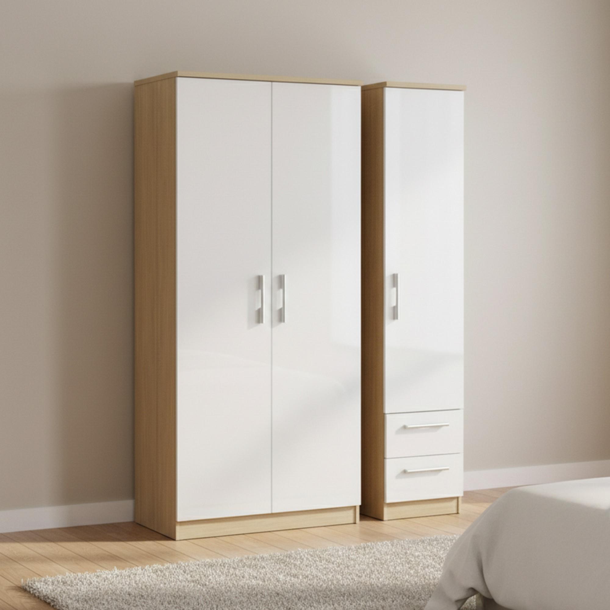 Knightsbridge Wardrobe - 3 Door - RHF 2 Drawer - Triple - White Gloss and Light Oak