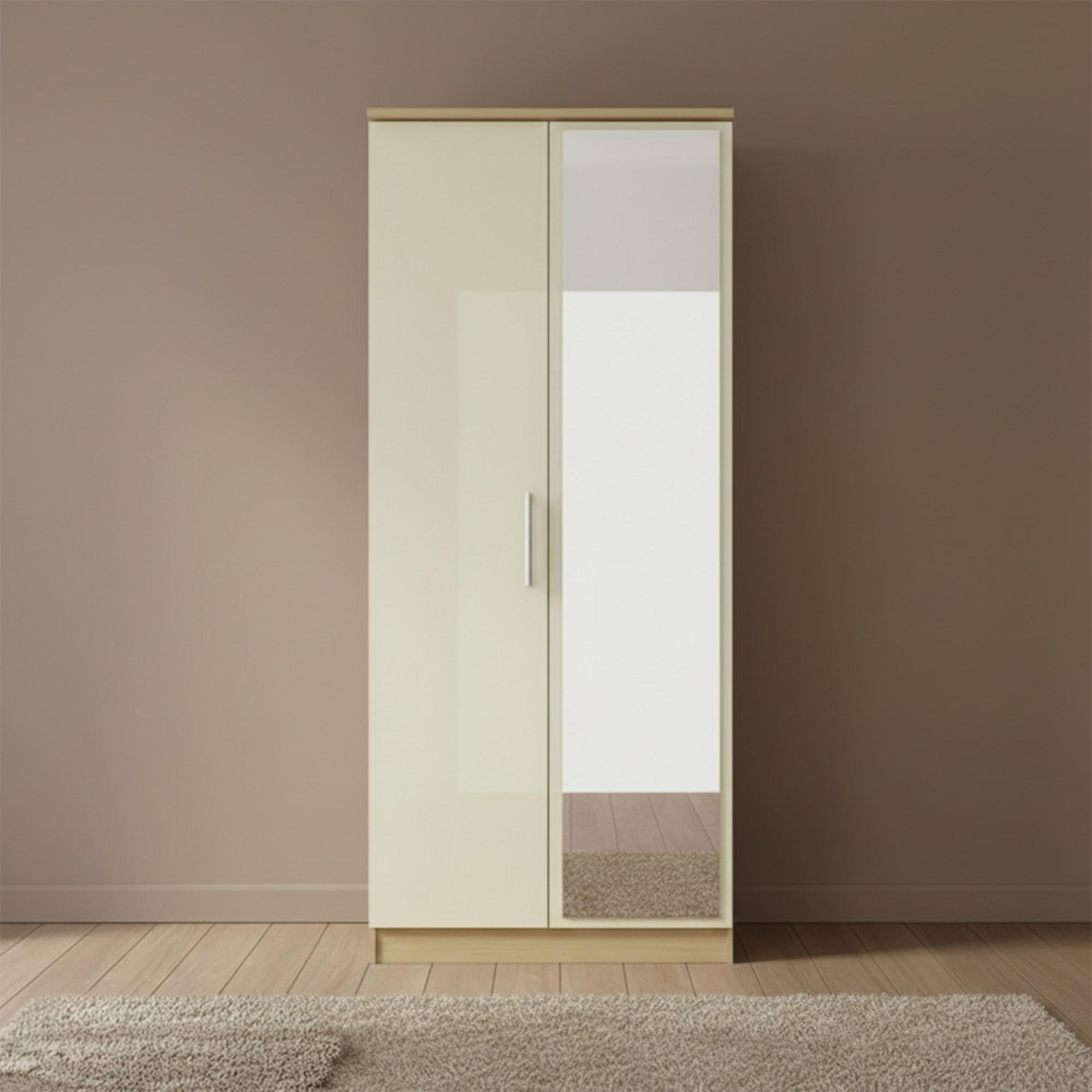 Knightsbridge Wardrobe - 2 Door - 1 Mirror - Cream Gloss and Light Oak