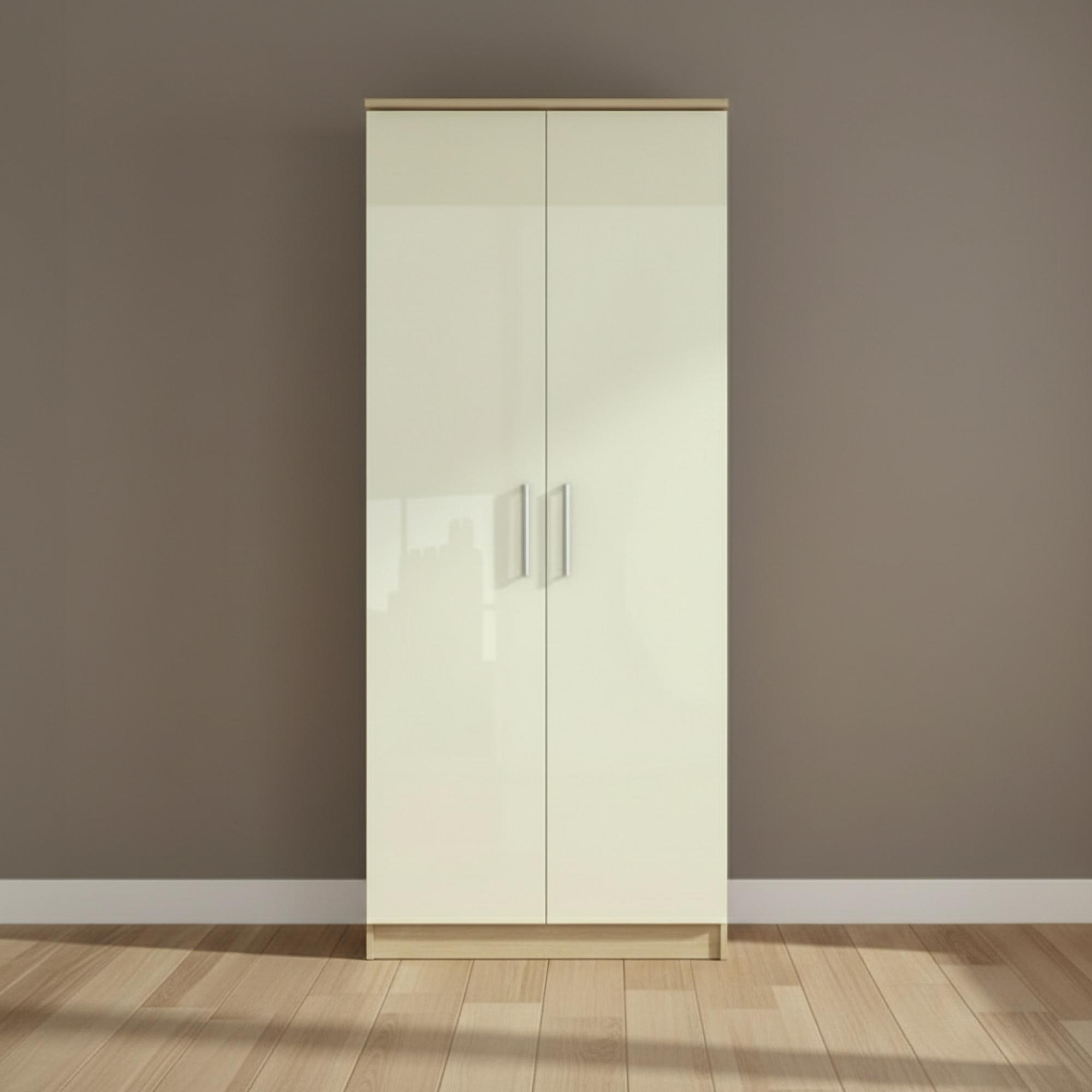 Knightsbridge Wardrobe - 2 Door - Plain - Cream Gloss and Light Oak