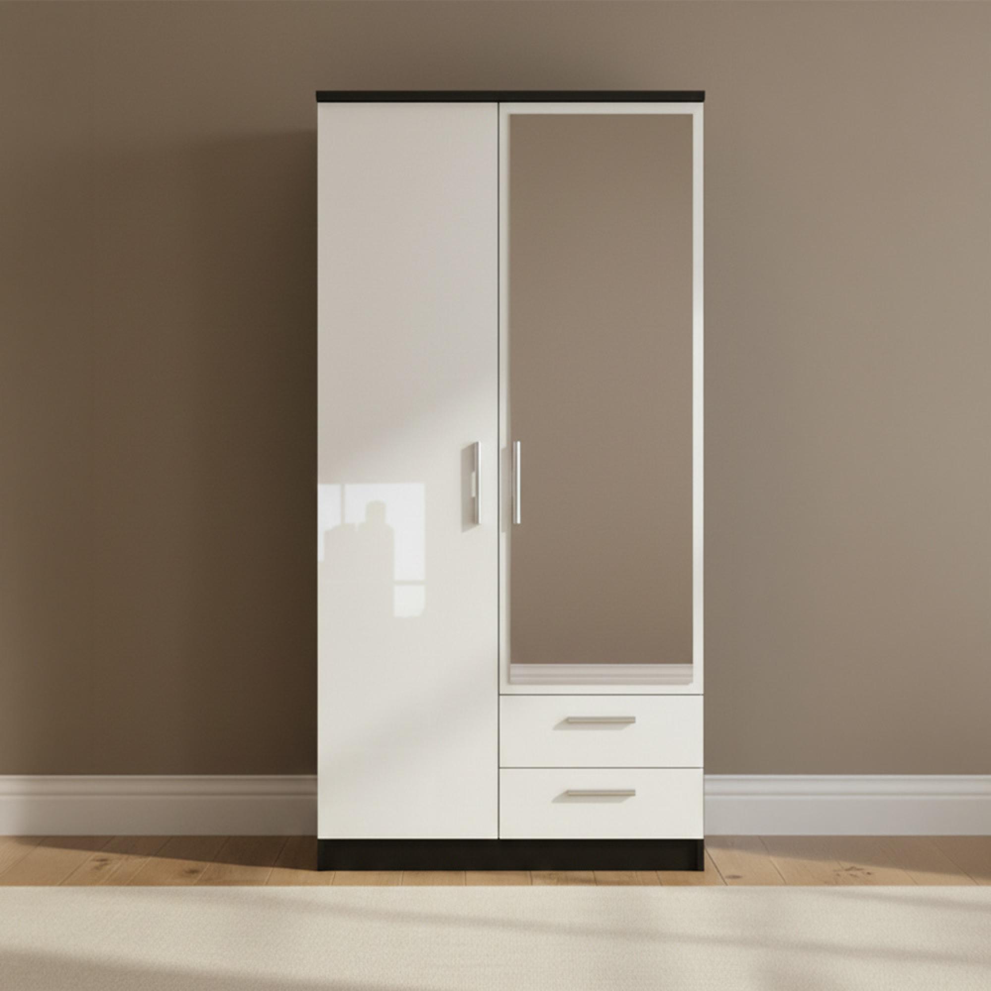 Knightsbridge Wardrobe - 2 Door - 1 Mirror - Combi - White Gloss and Black