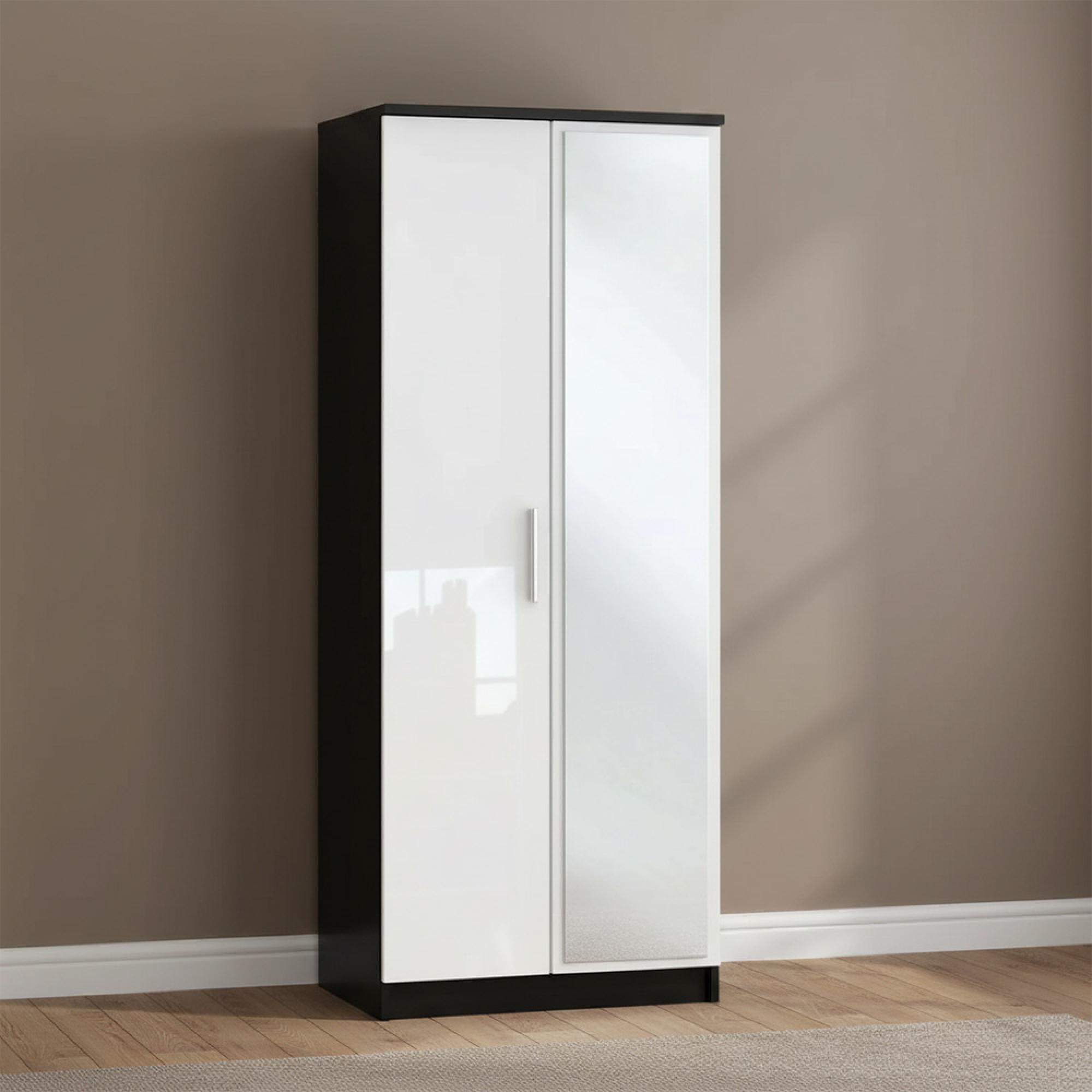 Knightsbridge Wardrobe - 2 Door - 1 Mirror - Tall - White Gloss and Black