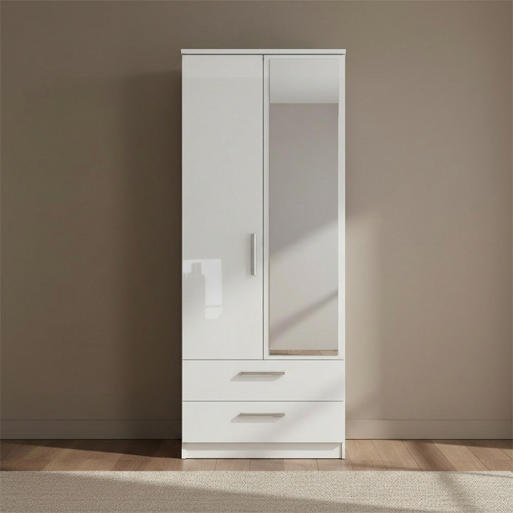Knightsbridge Wardrobe - 2 Door - 1 Mirror - Tall - Combi - White Gloss