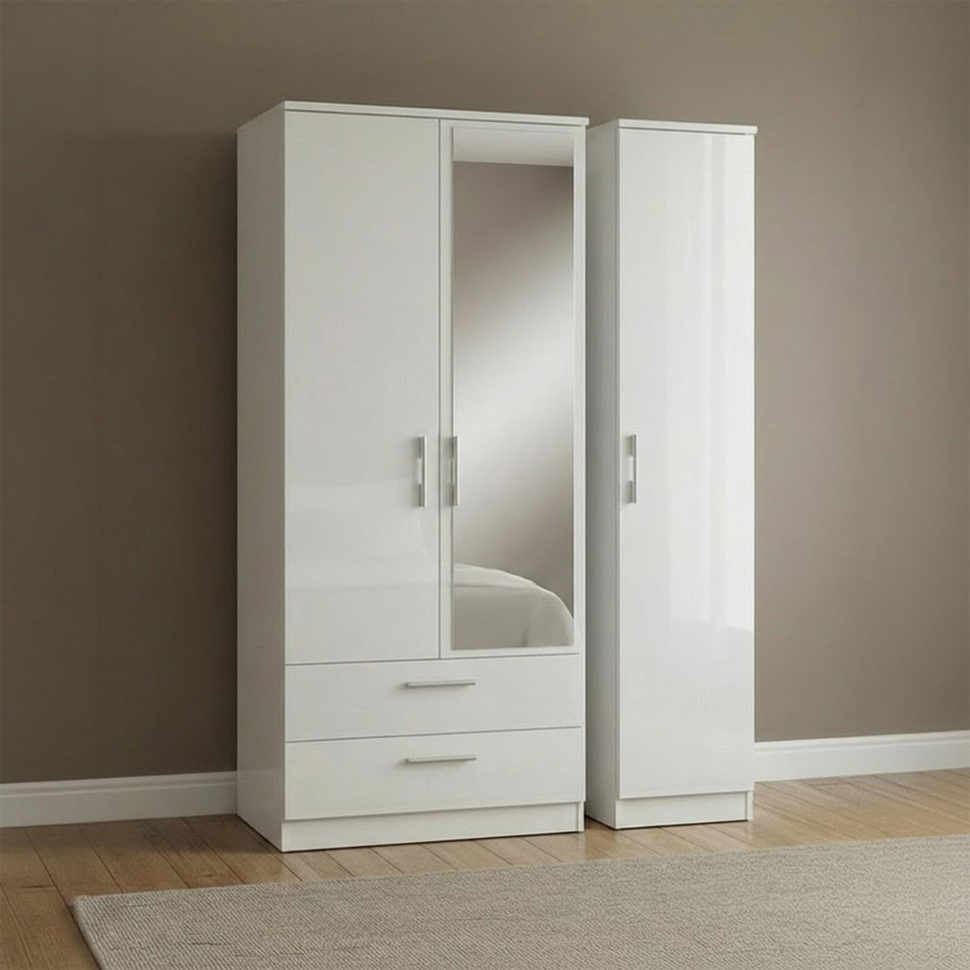 Knightsbridge Wardrobe - 3 Door - 1 Mirror - LHF 2 Drawer - Combi - White Gloss