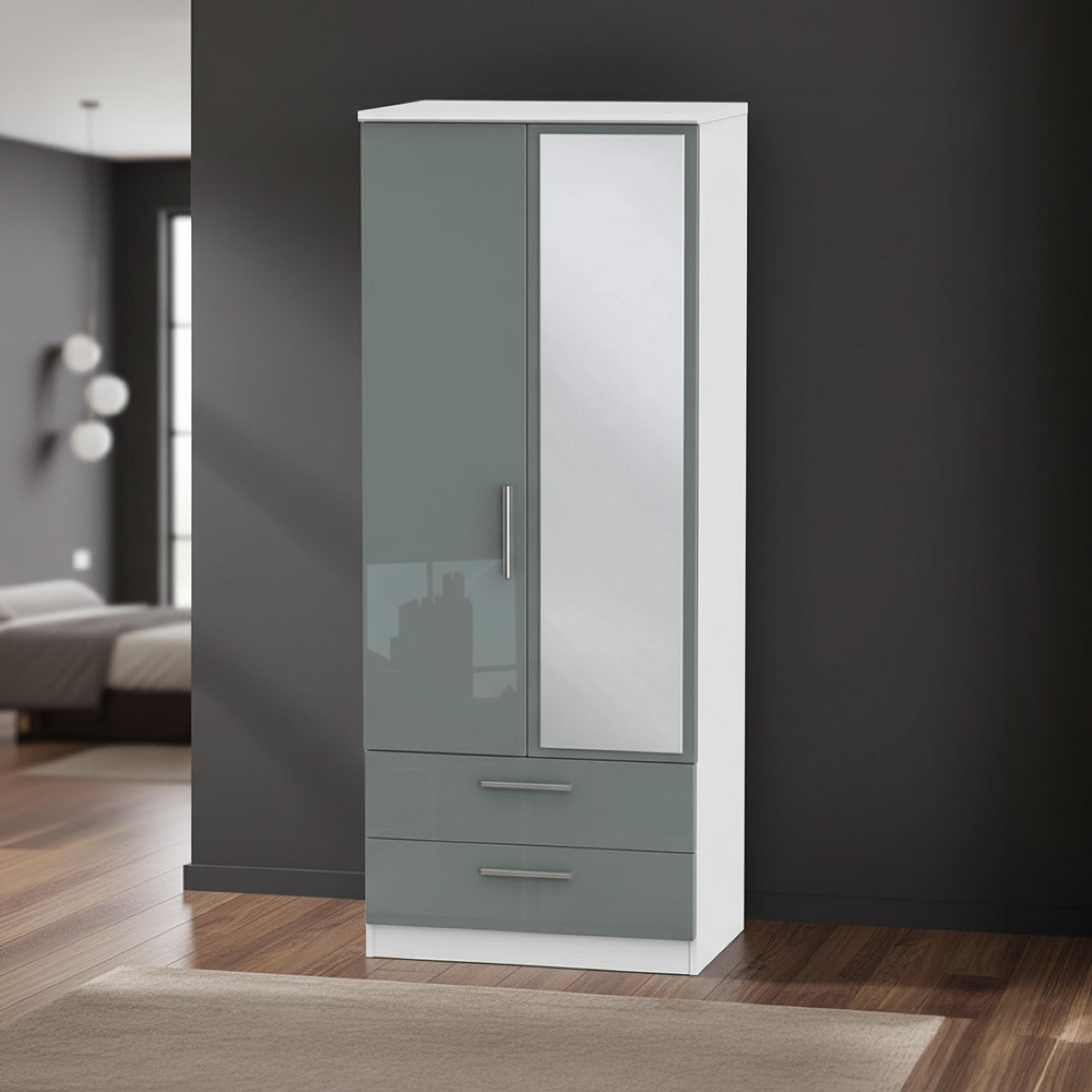 Knightsbridge Wardrobe - 2 Door - 1 Mirror - Combi - Tall - Grey Gloss and White