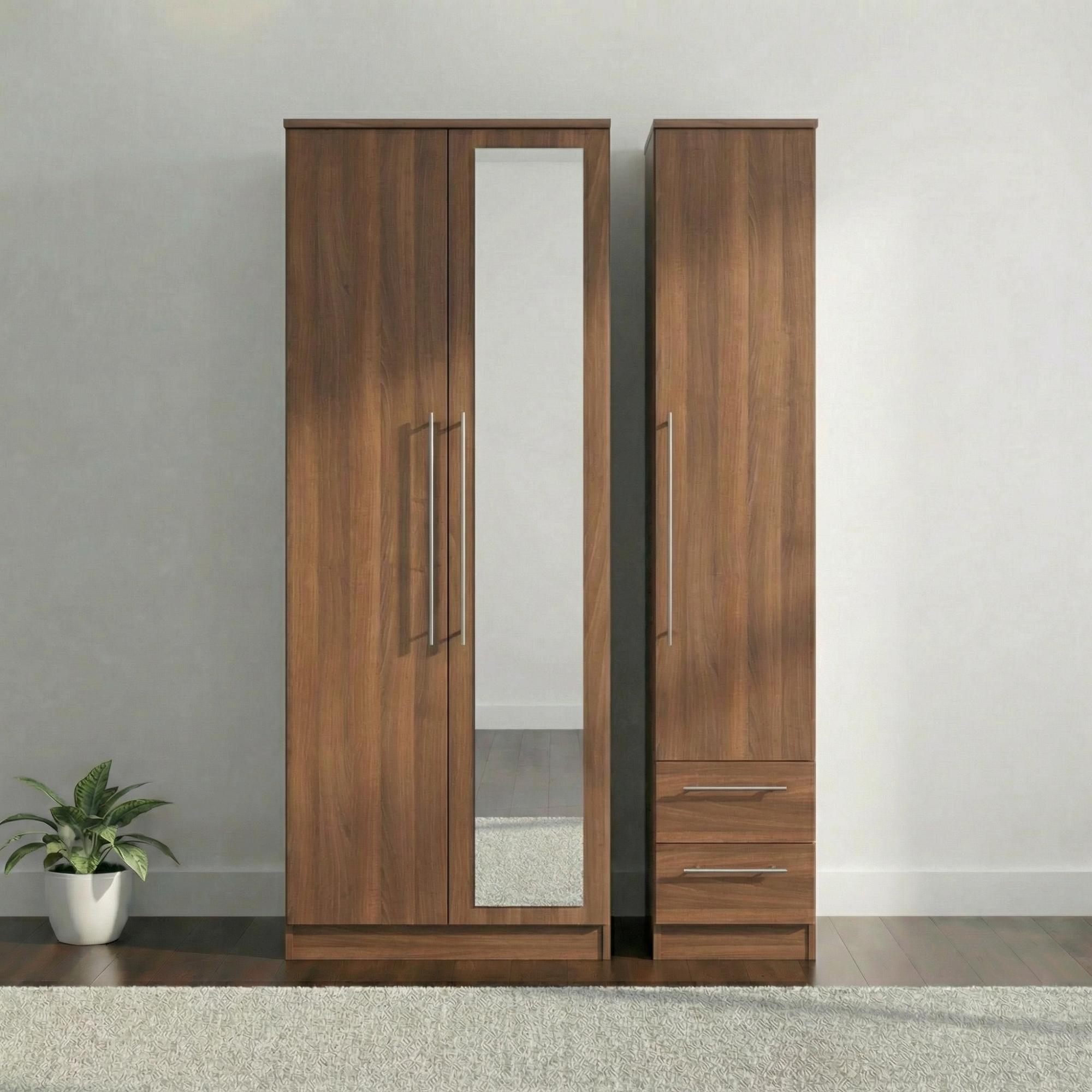 Sherwood Wardrobe - 3 Door - 1 Mirror - RHF 2 Drawer - Tall - Combi - Walnut