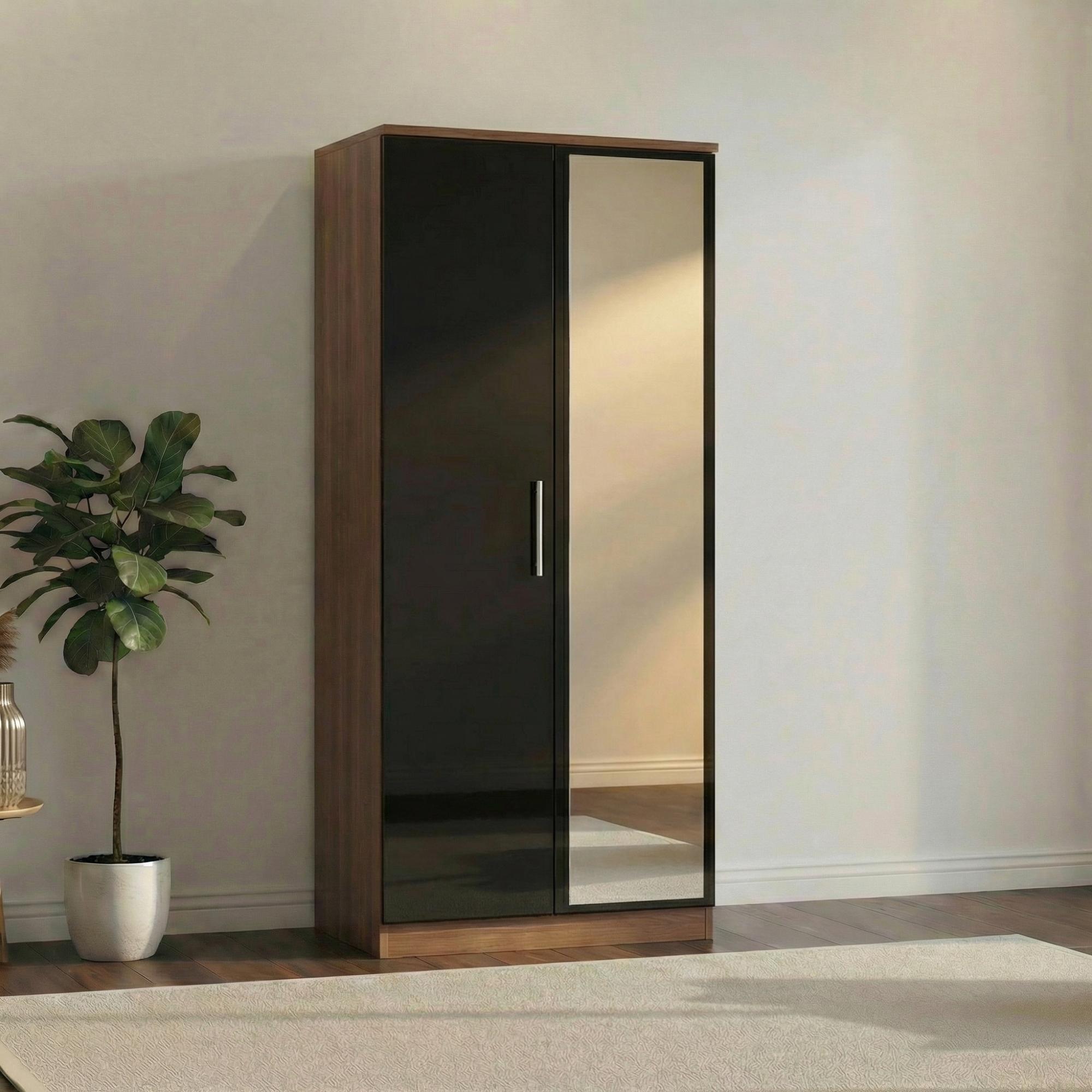 Knightsbridge Wardrobe - 2 Door - 1 Mirror - Black Gloss and Walnut