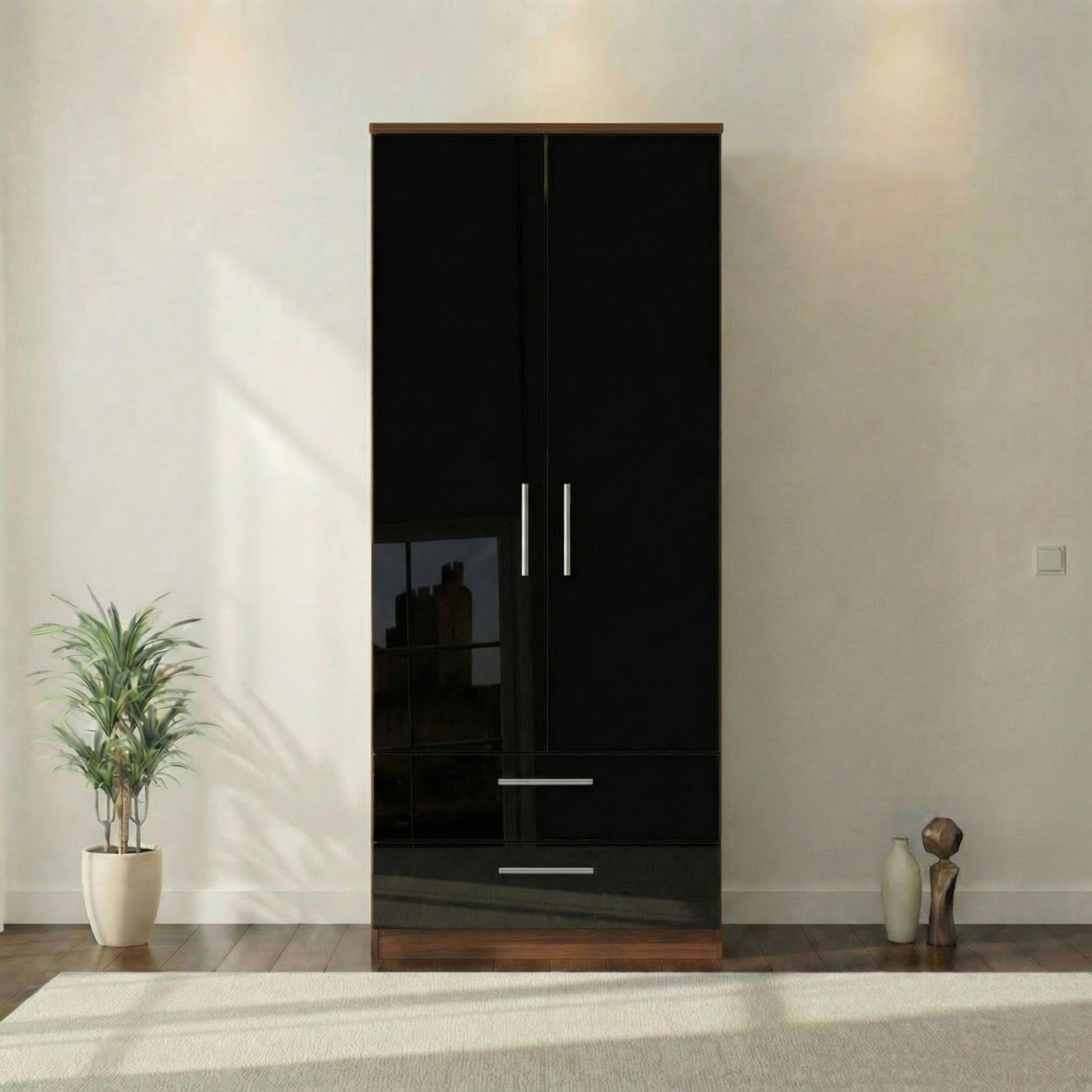 Knightsbridge Wardrobe - 2 Door - 2 Drawer - Double - Black Gloss and Walnut