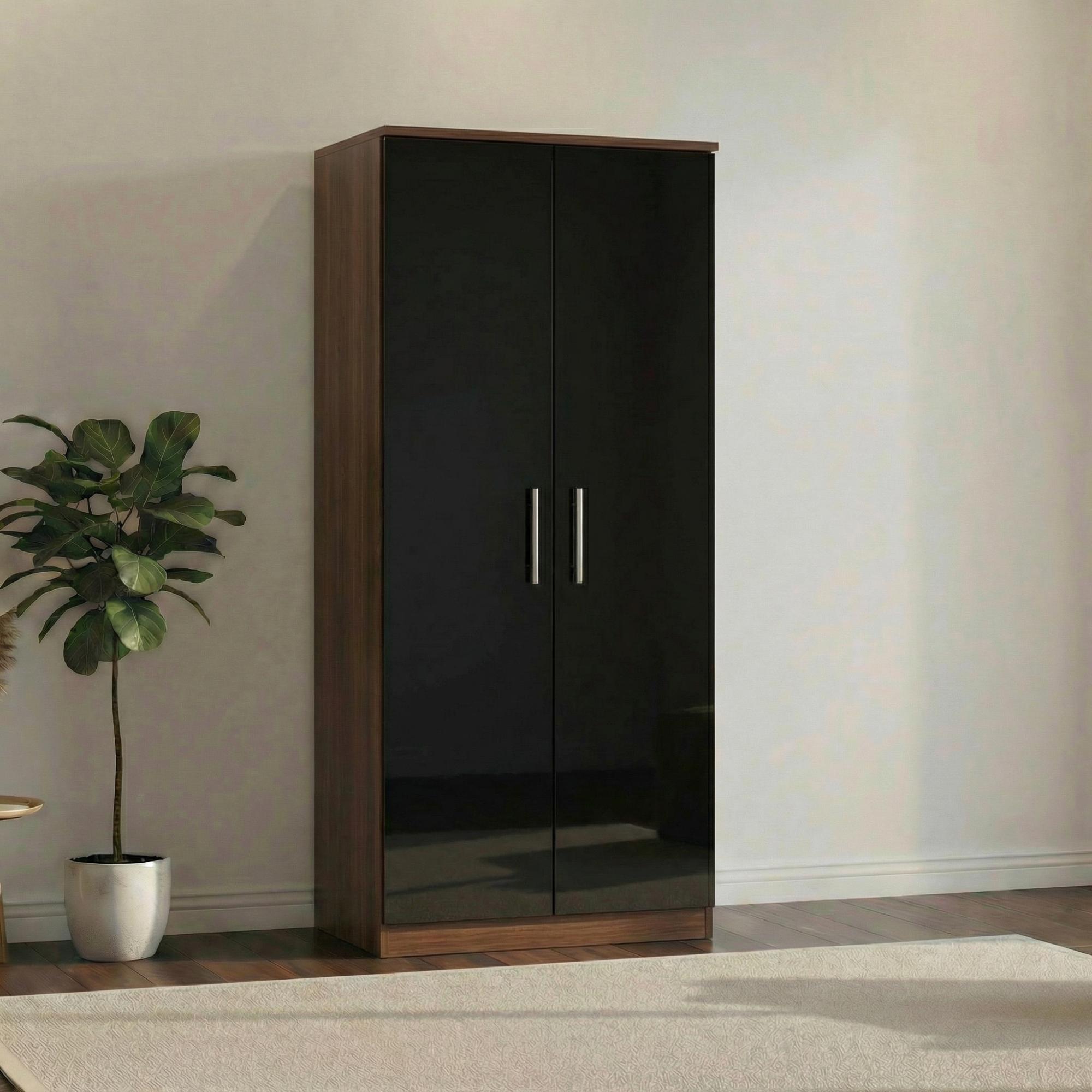 Knightsbridge Wardrobe - 2 Door - Plain - Black Gloss and Walnut