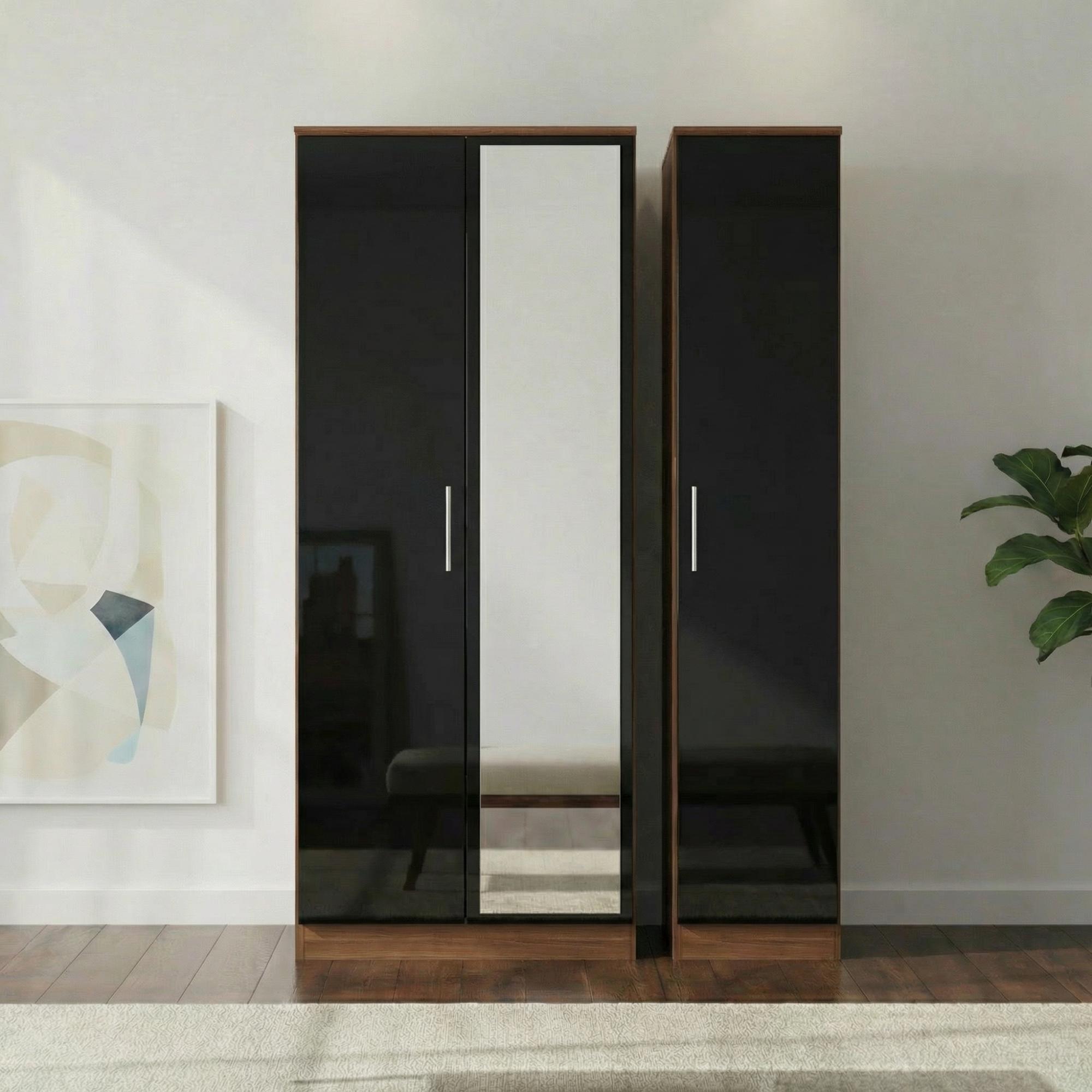 Knightsbridge Wardrobe - 3 Door - Tall Triple - 1 Mirror - Black Gloss and Walnut