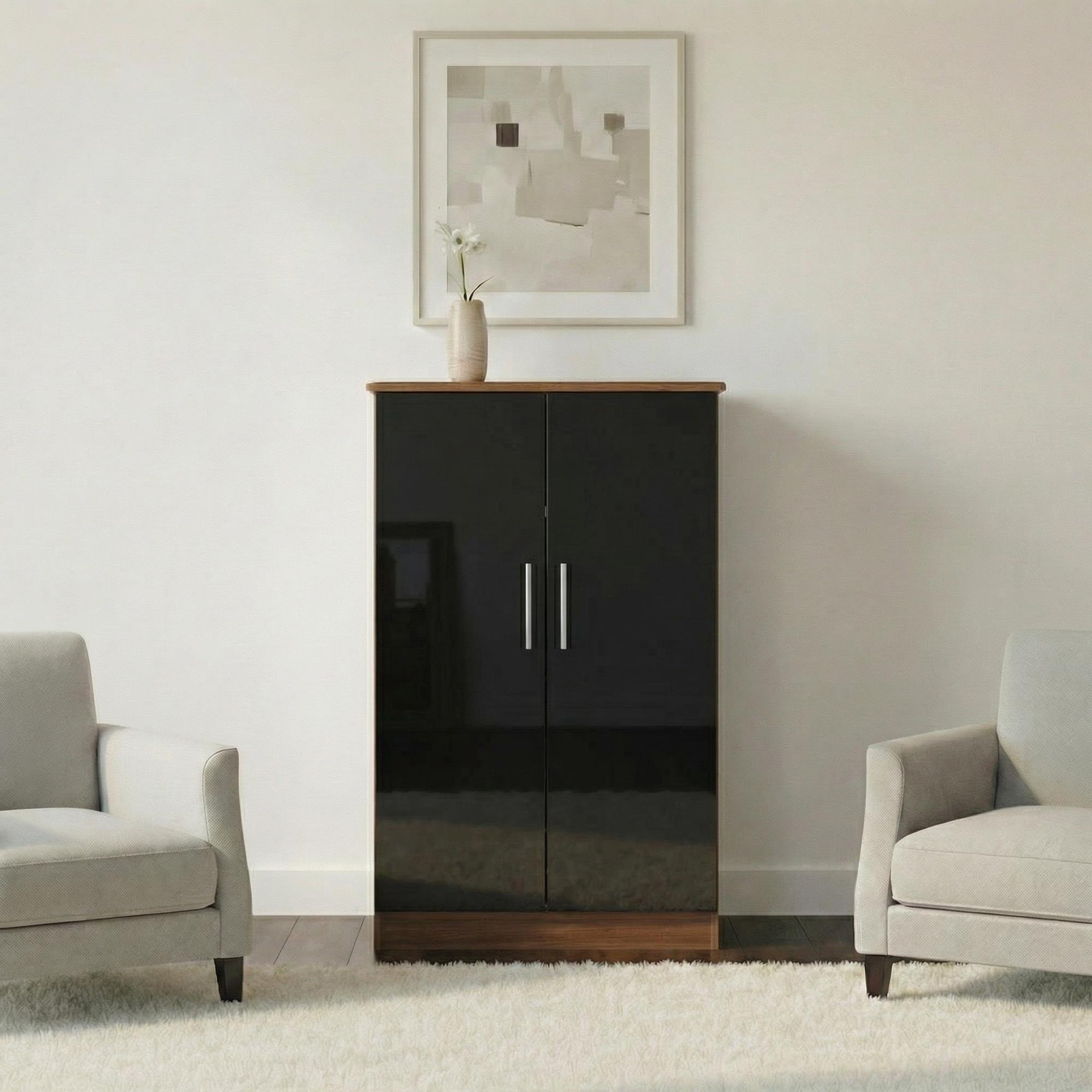 Knightsbridge Wardrobe - Midi - Black Gloss and Walnut