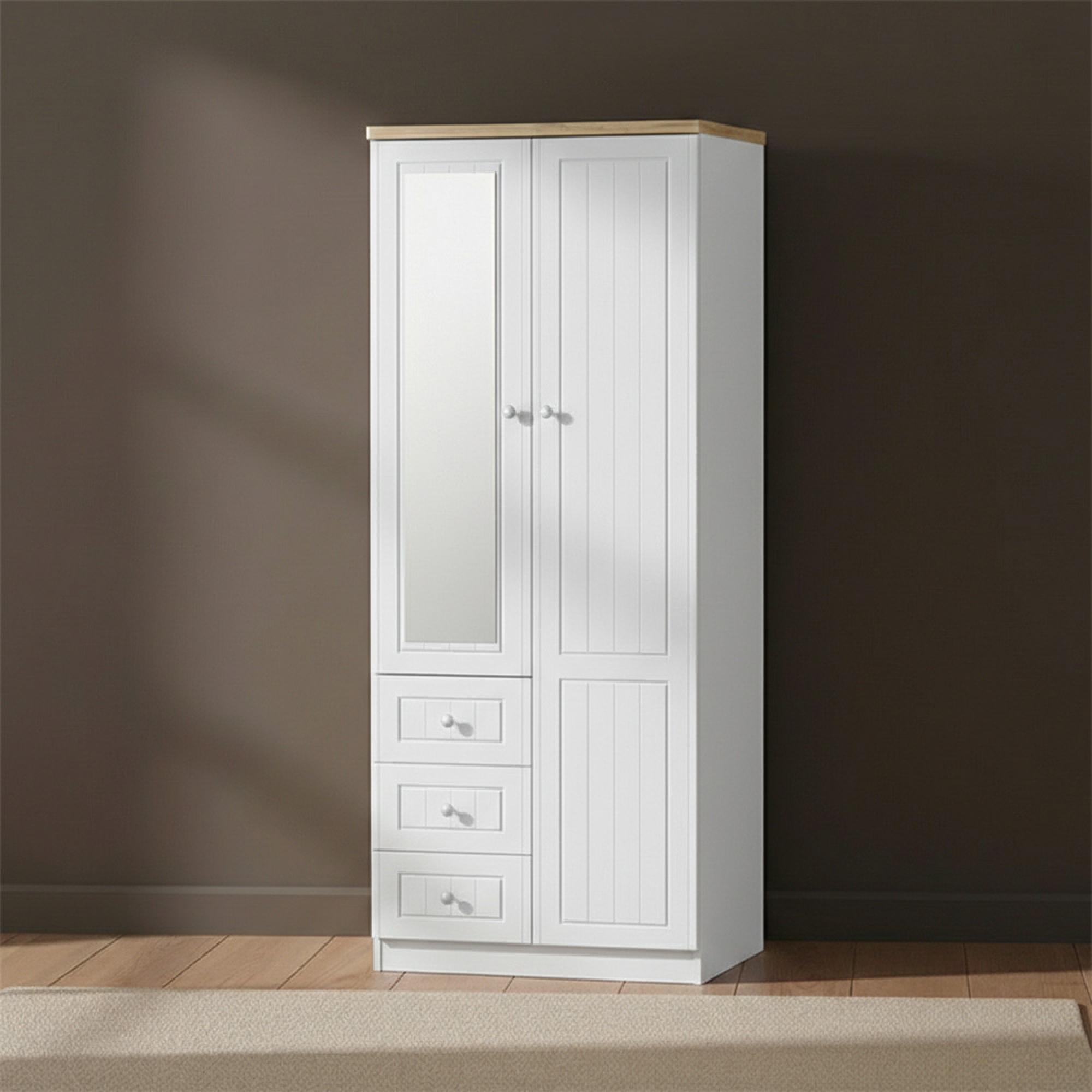 Vienna Wardrobe - 2 Door - 1 Mirror - RHF 3 Drawers - Combi - Porcelain