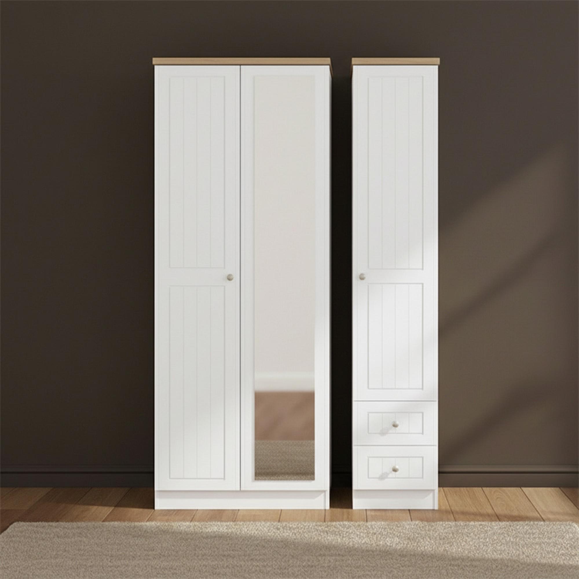 Vienna Wardrobe - 3 Door - 1 Mirror - RHF 2 Drawers - Tall - Combi - Porcelain