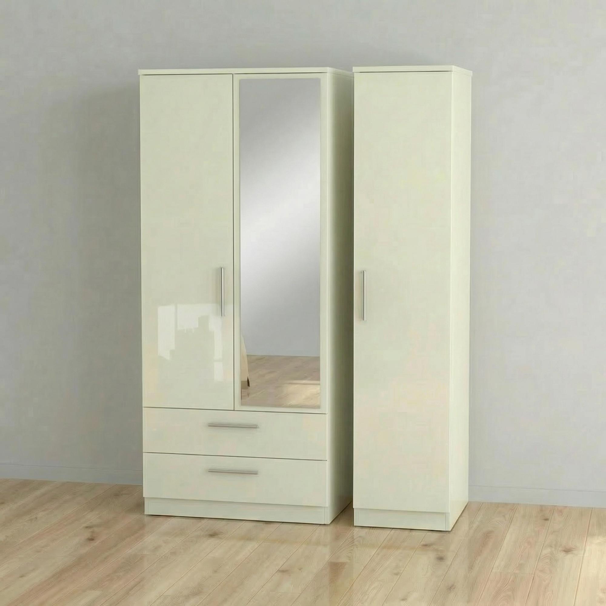 Knightsbridge Wardrobe - 3 Door - 1 Mirror - LHF 2 Drawers - Combi - Cream Gloss