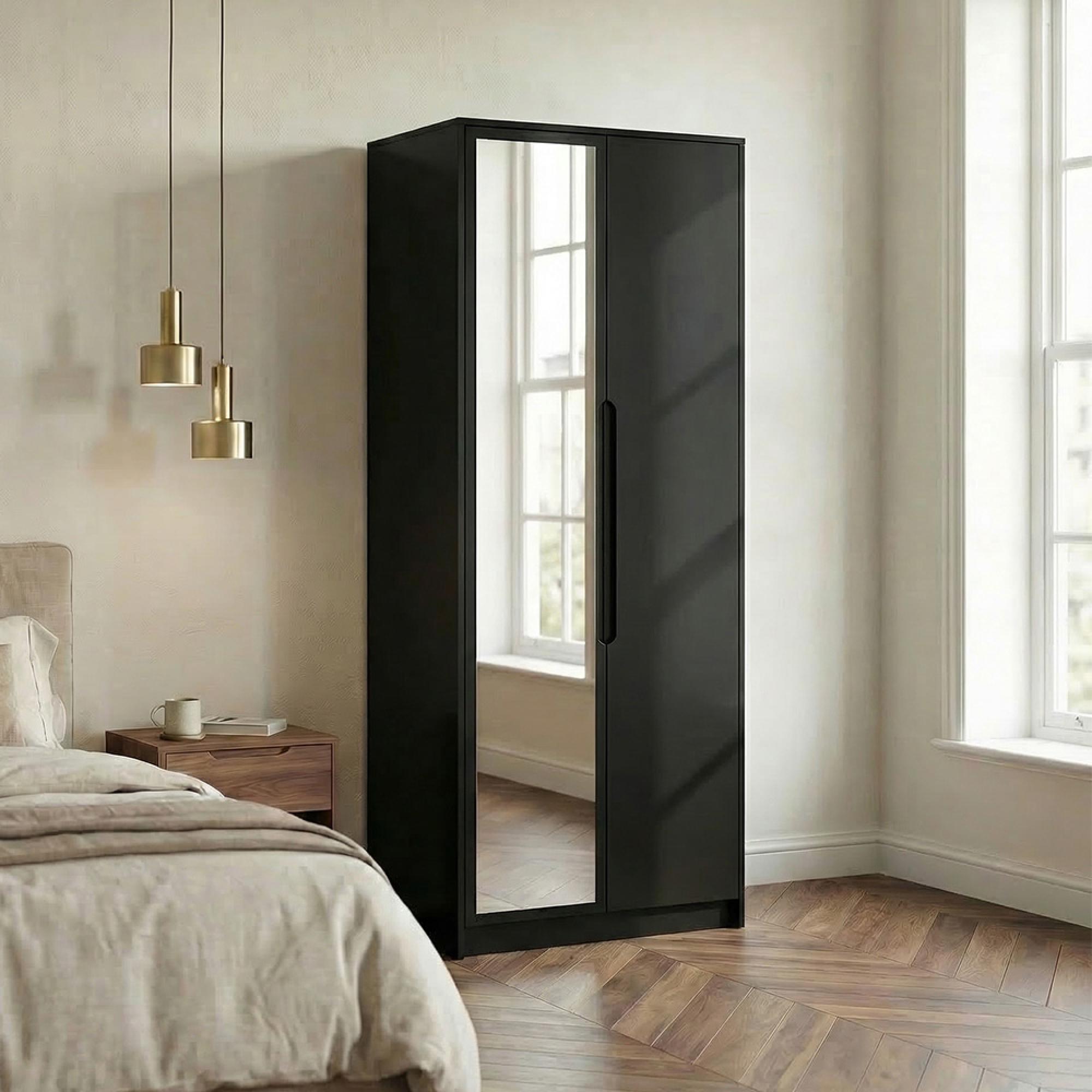 Monaco Wardrobe - 2 Door - 1 Mirror - Tall - Black Gloss