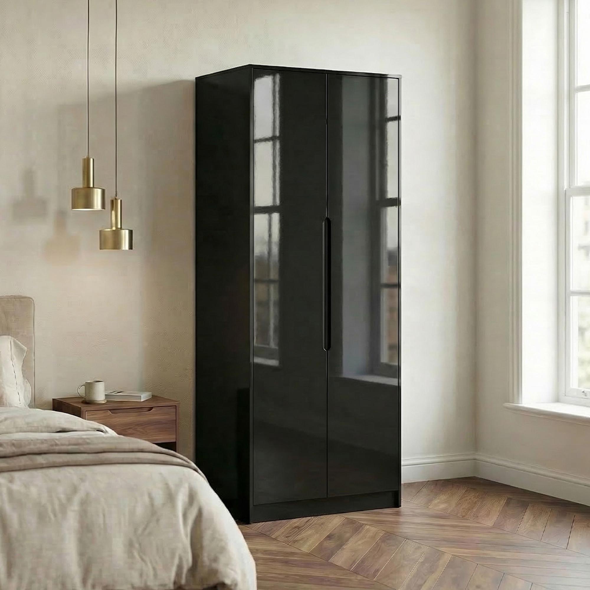 Monaco Wardrobe - 2 Door - Plain - Tall - Black Gloss