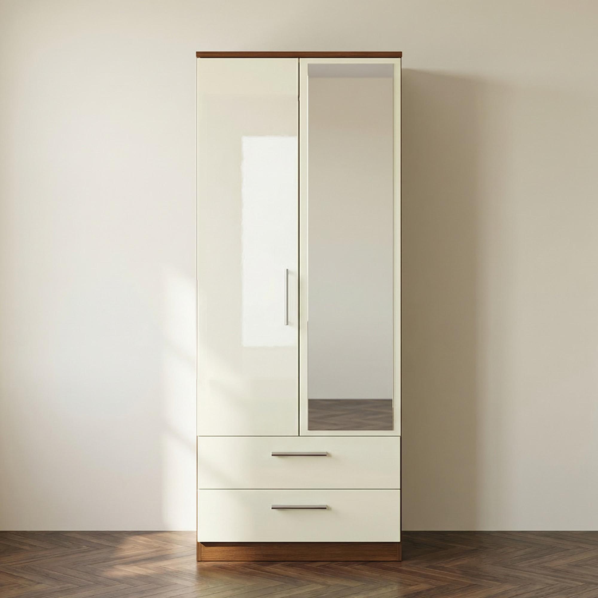 Knightsbridge Wardrobe - 2 Door - 1 Mirror  - Combi? Cream Gloss and Walnut