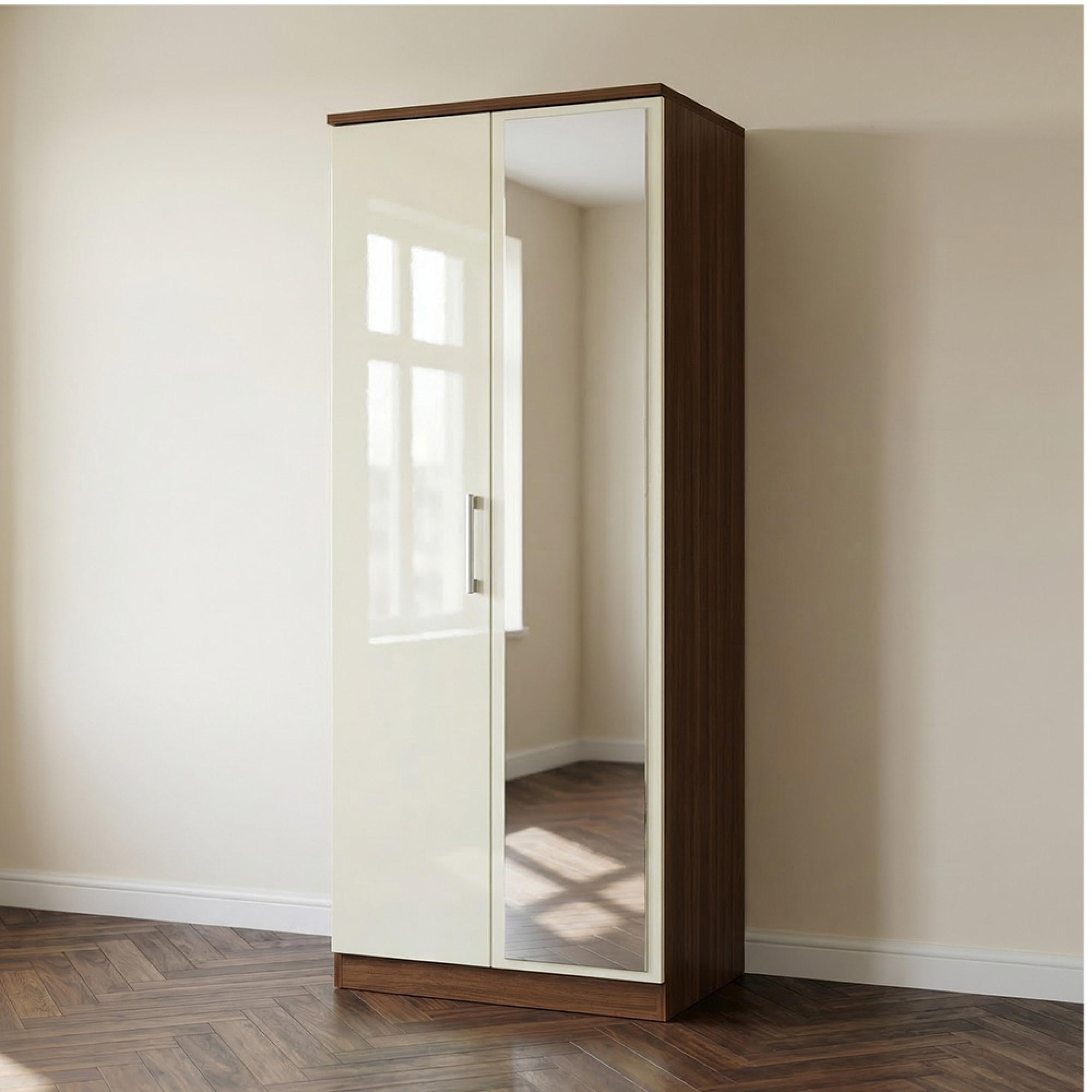 Knightsbridge Wardrobe - 2 Door - 1 Mirror - Cream Gloss and Walnut