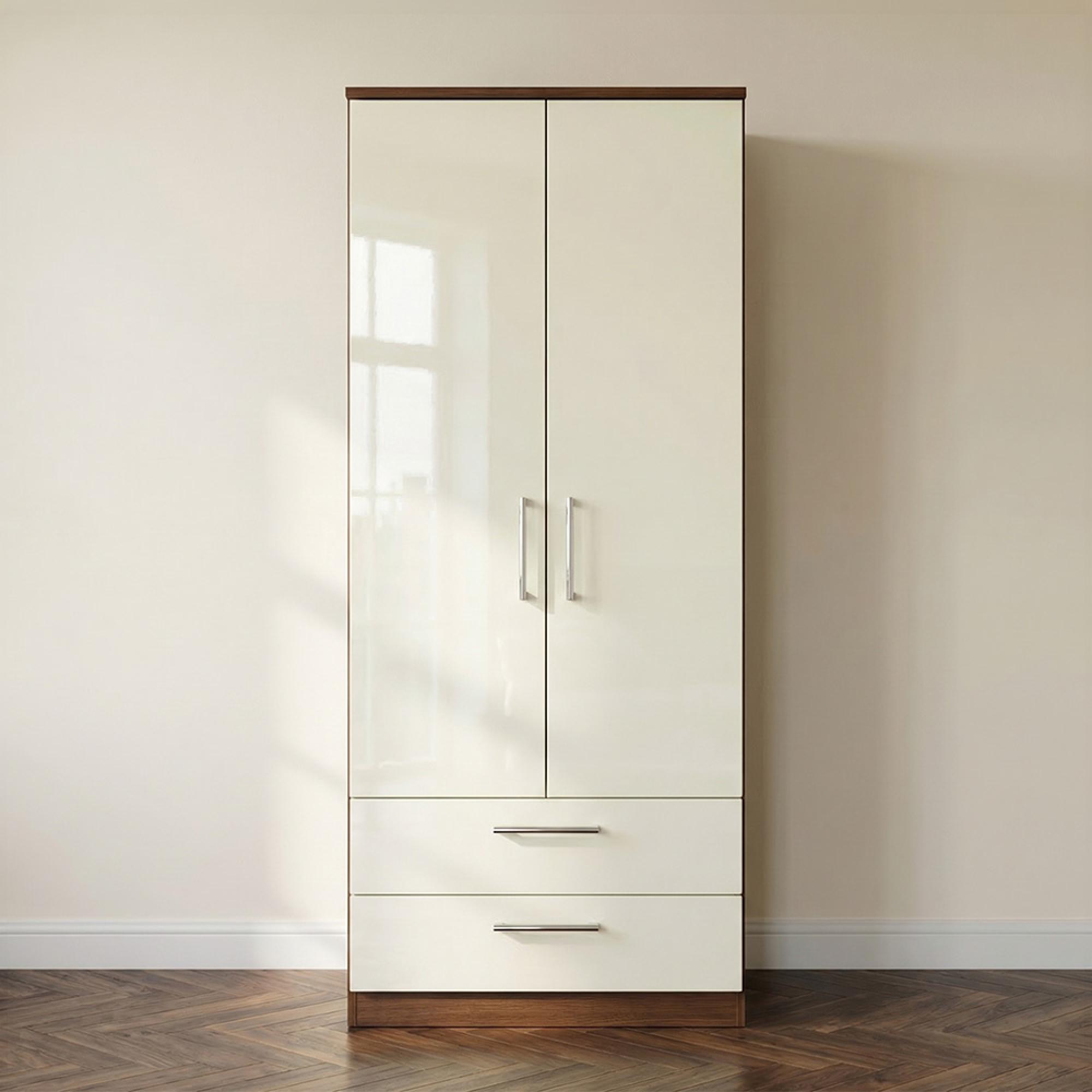 Knightsbridge Wardrobe - 2 Door - 2 Drawer - Double - Cream Gloss and Walnut