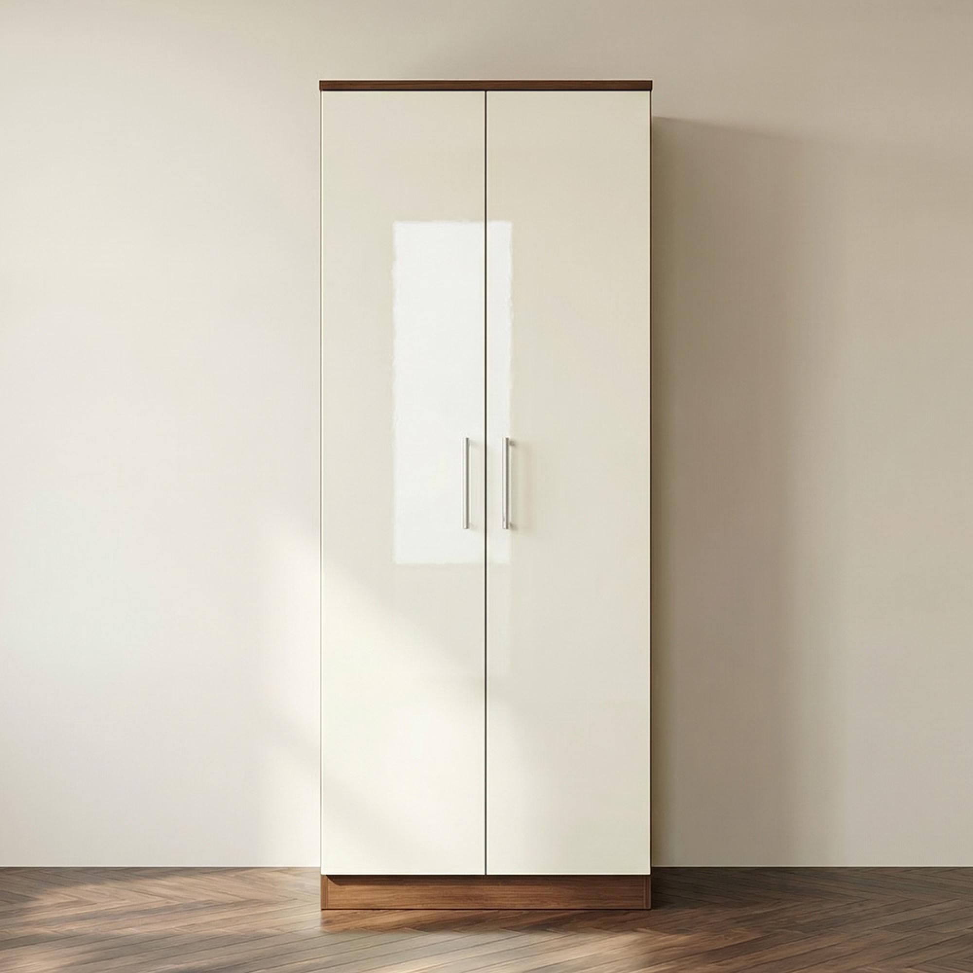 Knightsbridge Wardrobe - 2 Door - Plain - Cream Gloss and Walnut