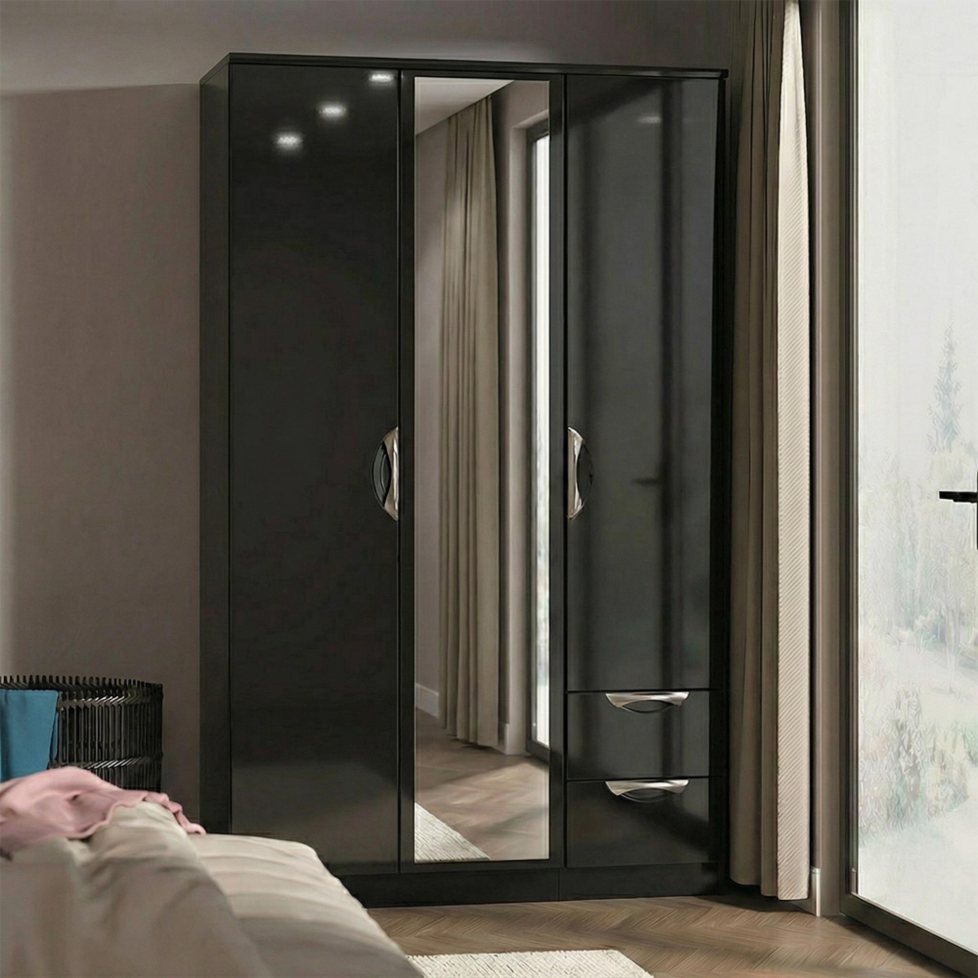 Camden Wardrobe - 3 Door - Combi with 1 Mirror and RHF 2 Drawers - Black Gloss