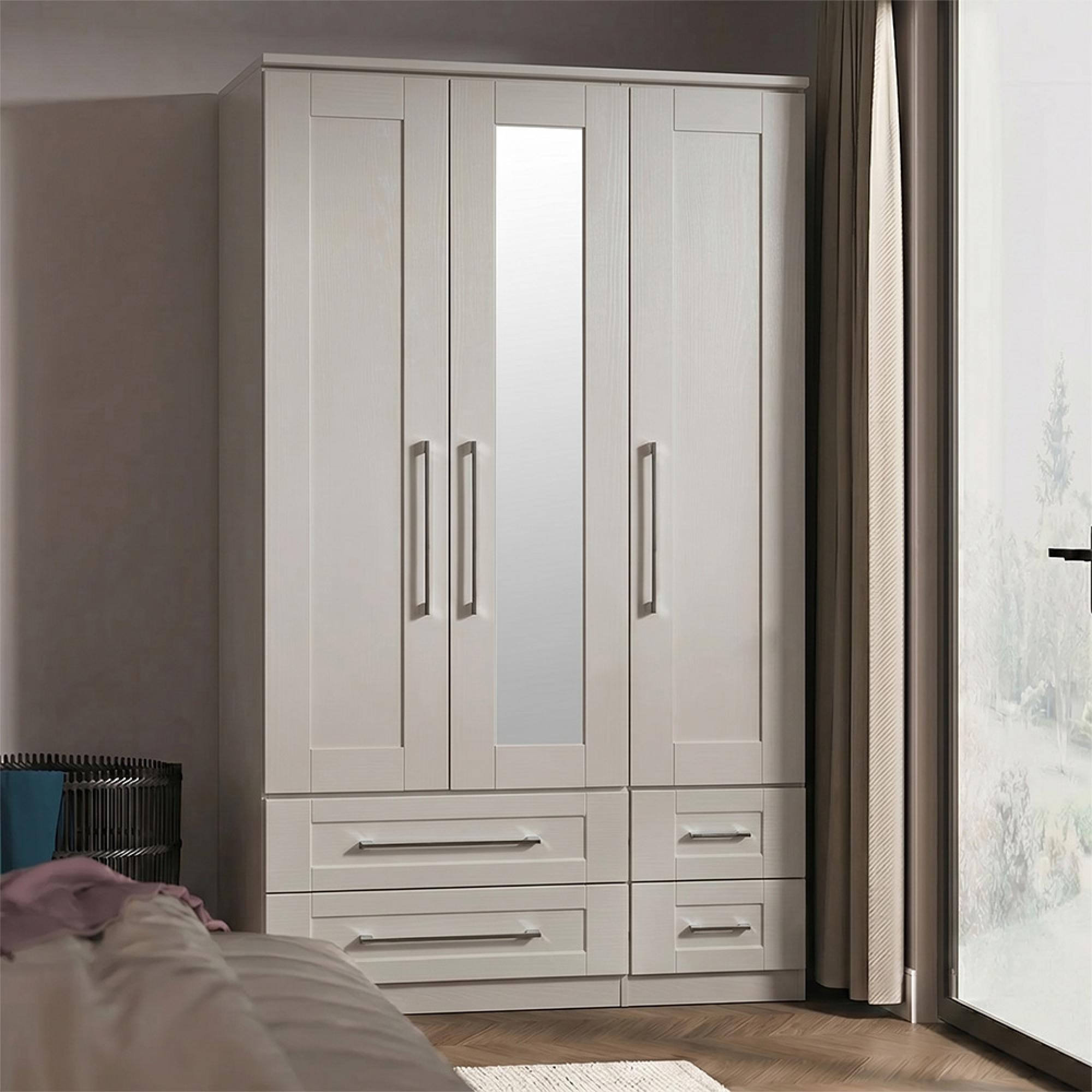 York Wardrobe - 3 Door - Tall - Combi - 1 Mirror - Cashmere