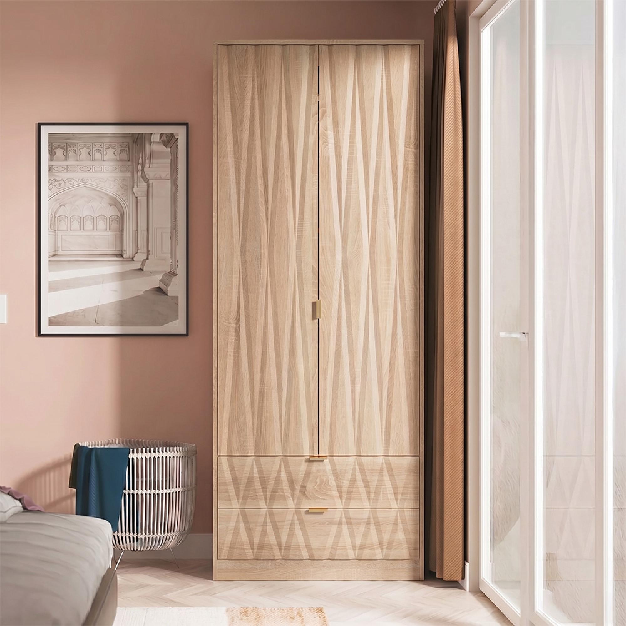 Diamond Tall Wardrobe - 2 Door - 2 Drawer - Oak