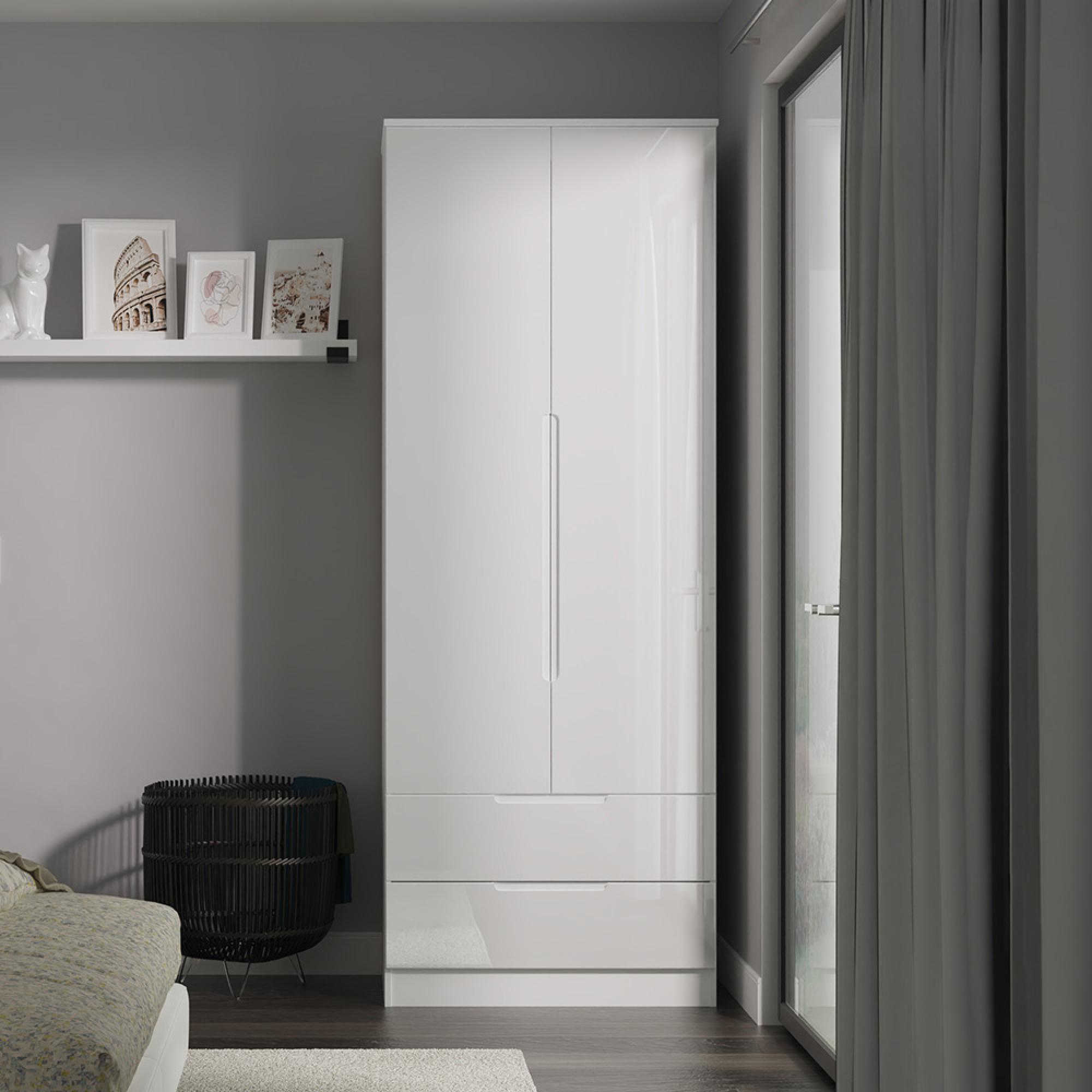 Milan Wardrobe - 2 Door - 2 Drawer - Double - White Gloss