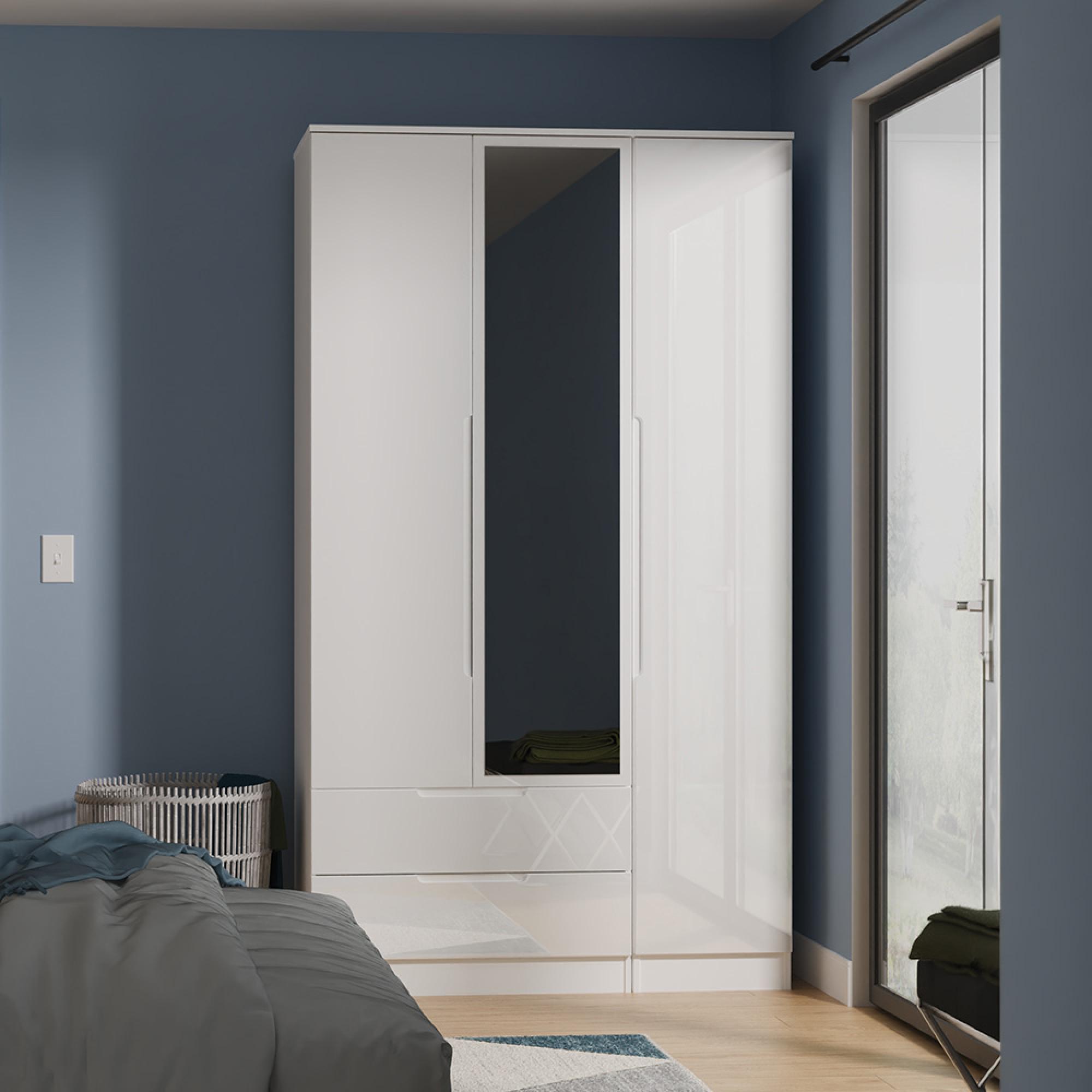 Milan Wardrobe - 3 Door - 1 Mirror - LHF 2 Drawer - Tall - Combi - White Gloss