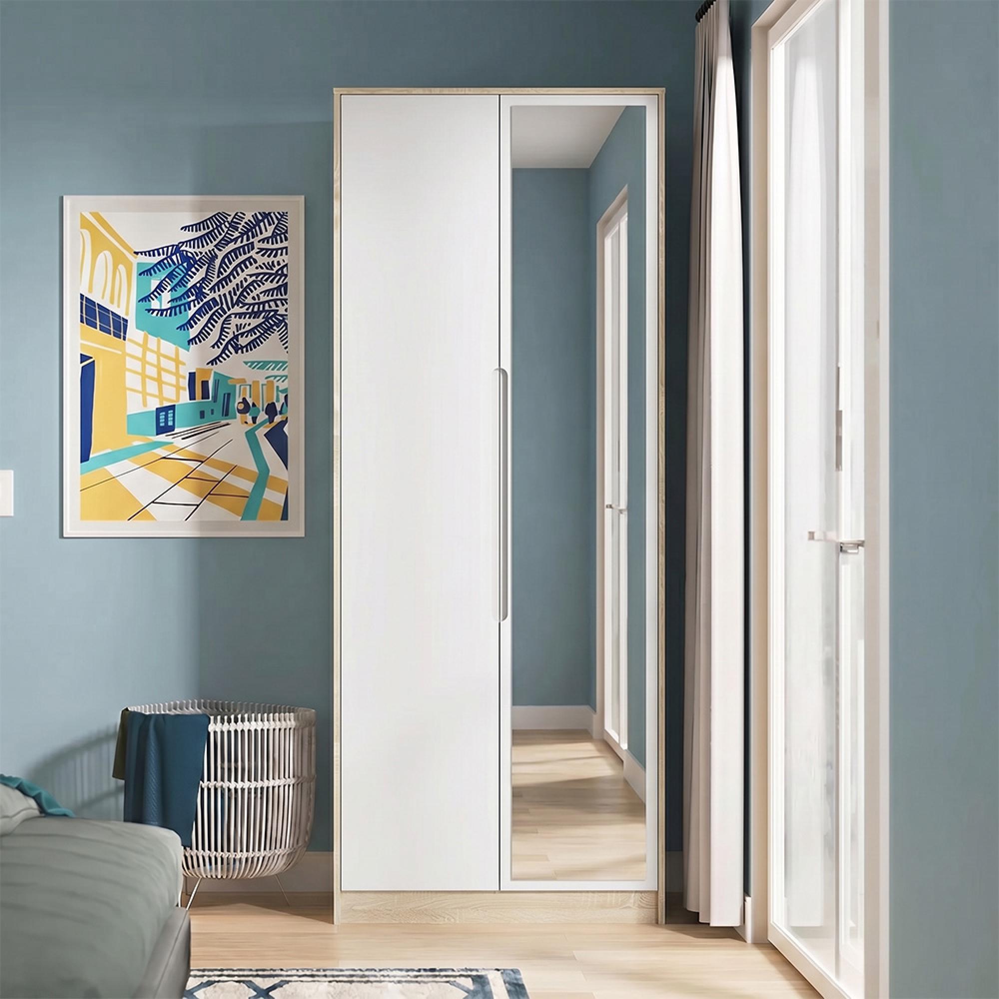 Monaco Wardrobe - 2 Door - 1 Mirror - Tall - White Matt and Oak