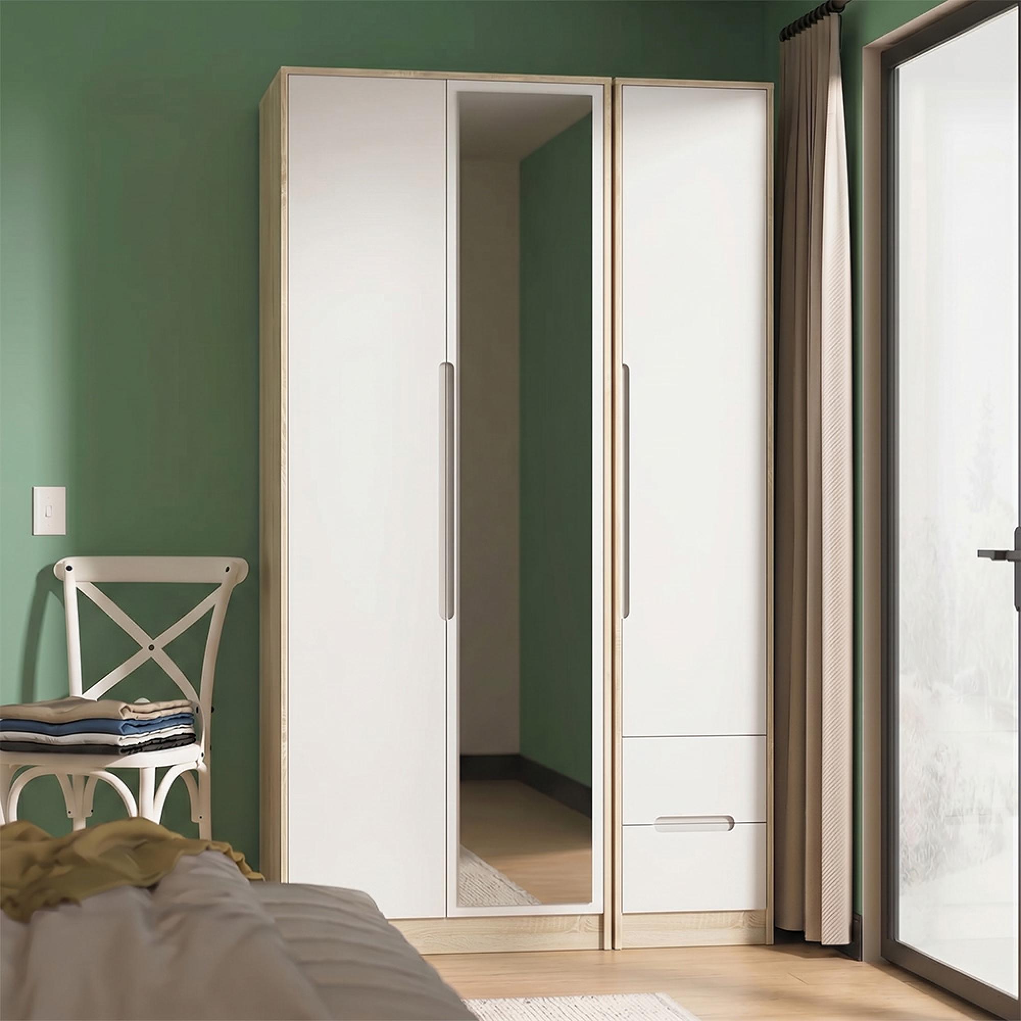 Monaco Wardrobe - 3 Door - 1 Mirror - RHF 2 Drawer - Tall - Combi - White Matt and Oak