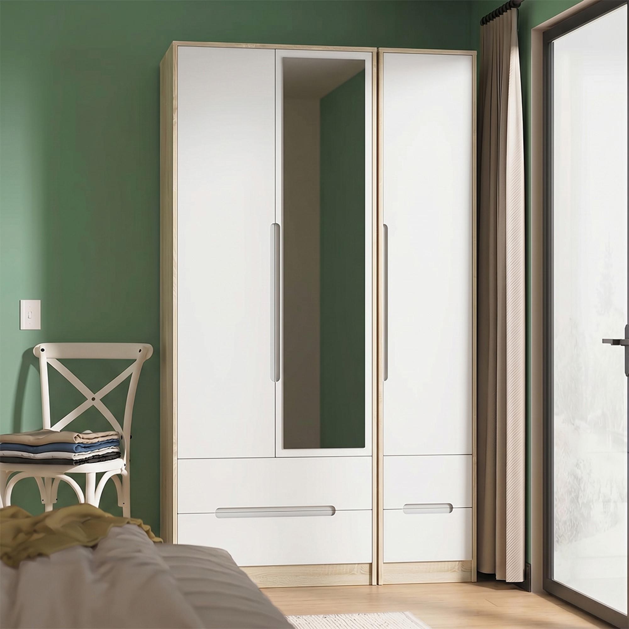 Monaco Wardrobe - 3 Door - 1 Mirror - Tall - Combi - White Matt and Oak