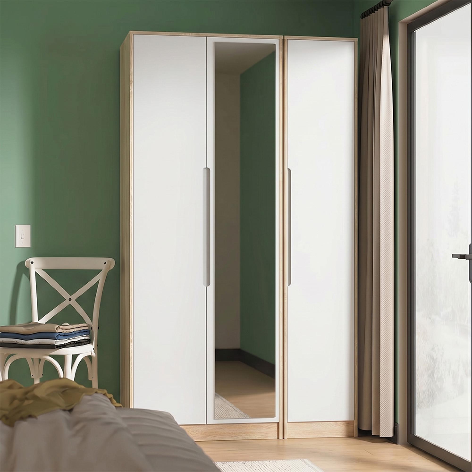 Monaco Wardrobe - 3 Door - 1 Mirror - Tall - Triple - White Matt and Oak
