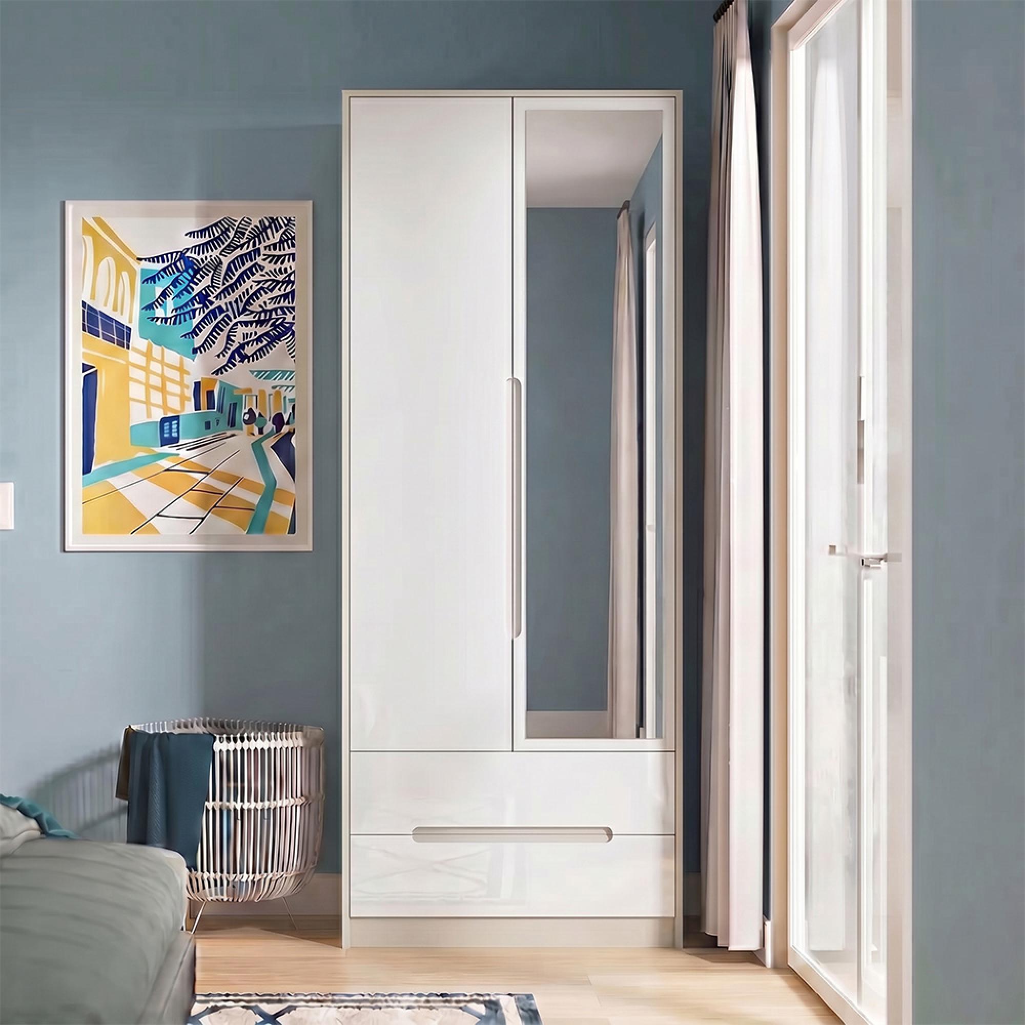 Monaco Wardrobe - 2 Door - Tall - Combi - 1 Mirror - White Gloss and Cashmere