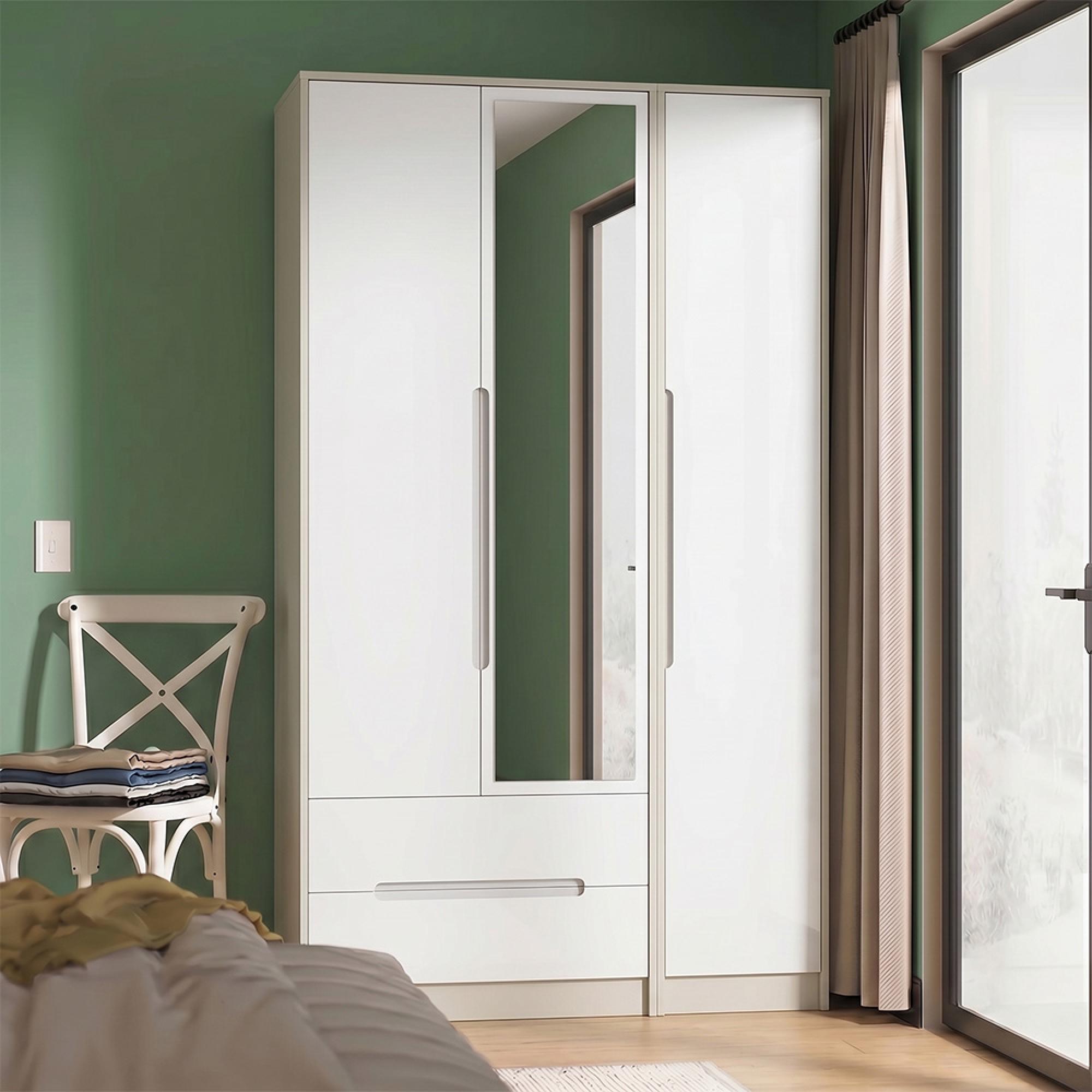 Monaco Wardrobe - 3 Door - 1 Mirror - LHF 2 Drawers - Tall - Combi - White Gloss and Cashmere
