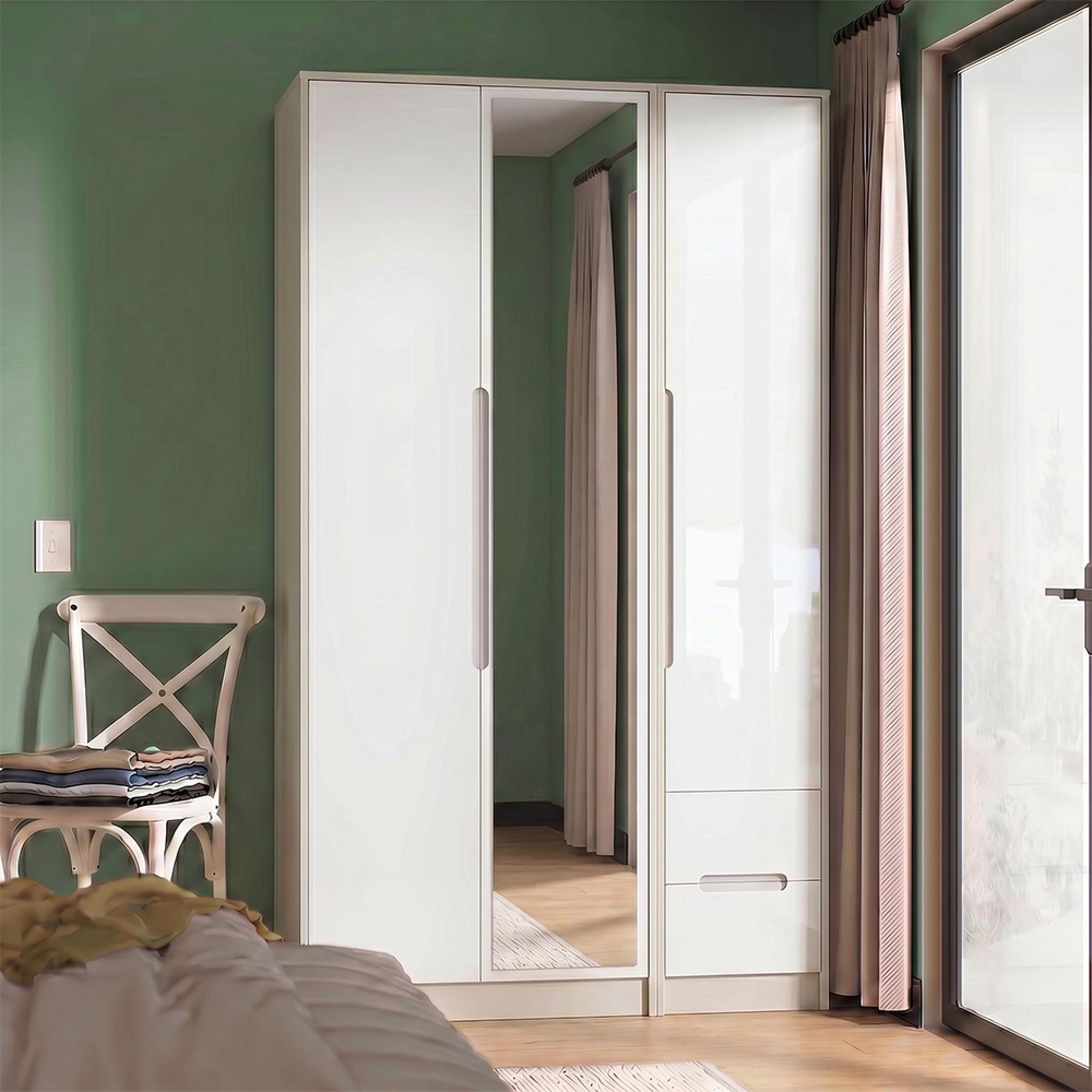Monaco Wardrobe - 3 Door - 1 Mirror - RHF 2 Drawers - Tall - Combi - White Gloss and Cashmere