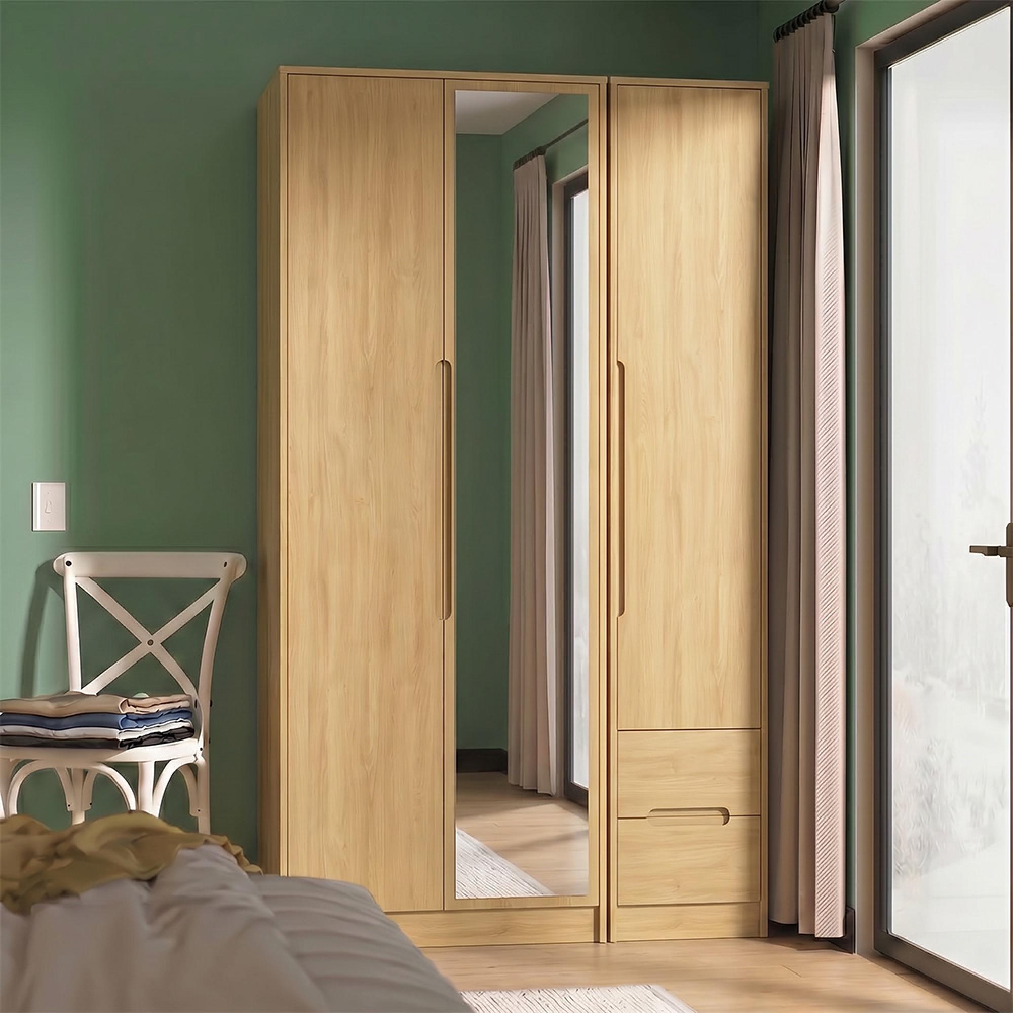 Monaco Wardrobe - 3 Door - 1 Mirror - RHF 2 Drawer - Tall - Combi - Modern Oak