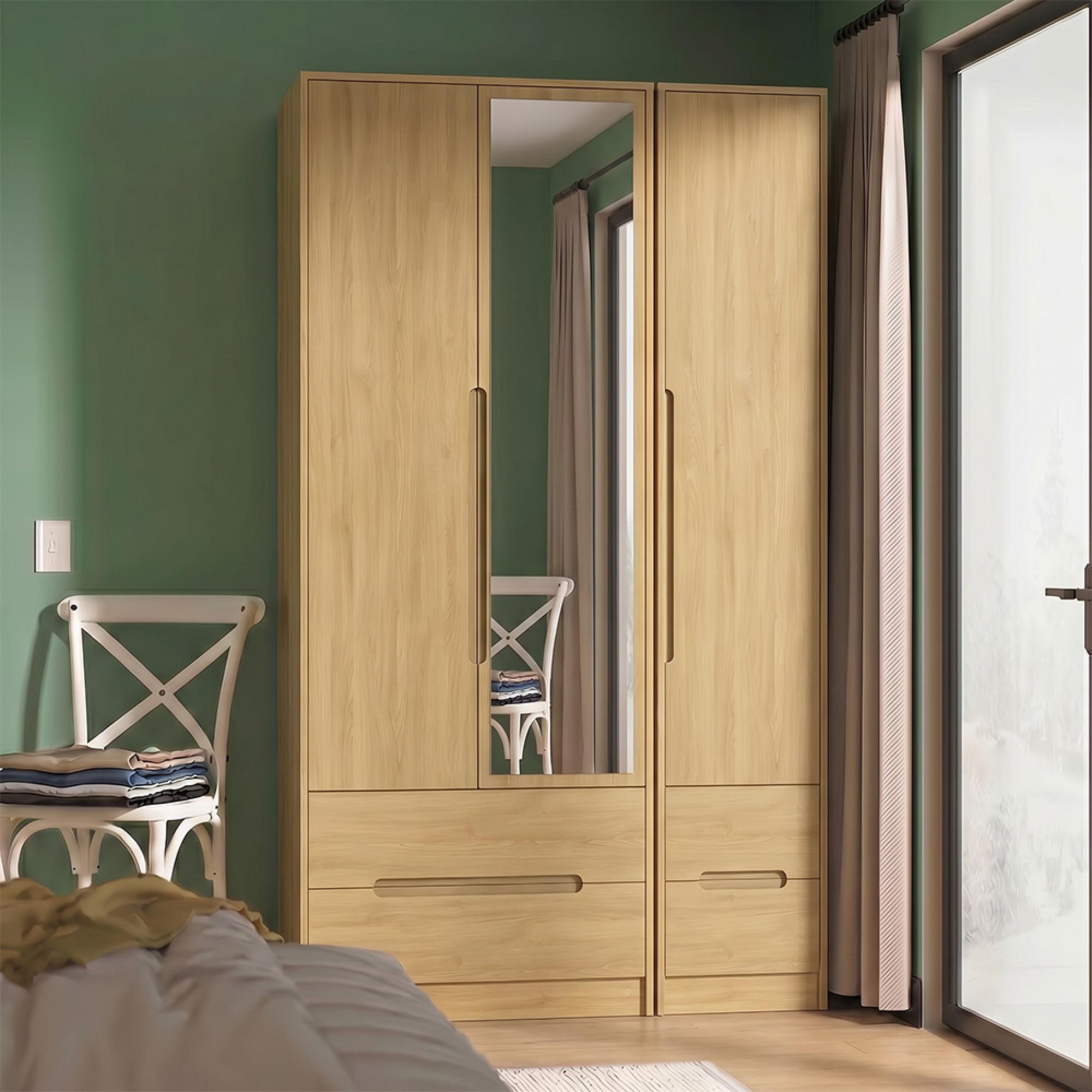 Monaco Wardrobe - 3 Door - 1 Mirror - Tall - Combi - Modern Oak
